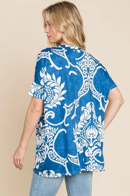 BOMBOM Women's Printed Relaxed V-Neck Tunic Top - Casual Flowy Blouse for Work, Travel & Everyday Wear