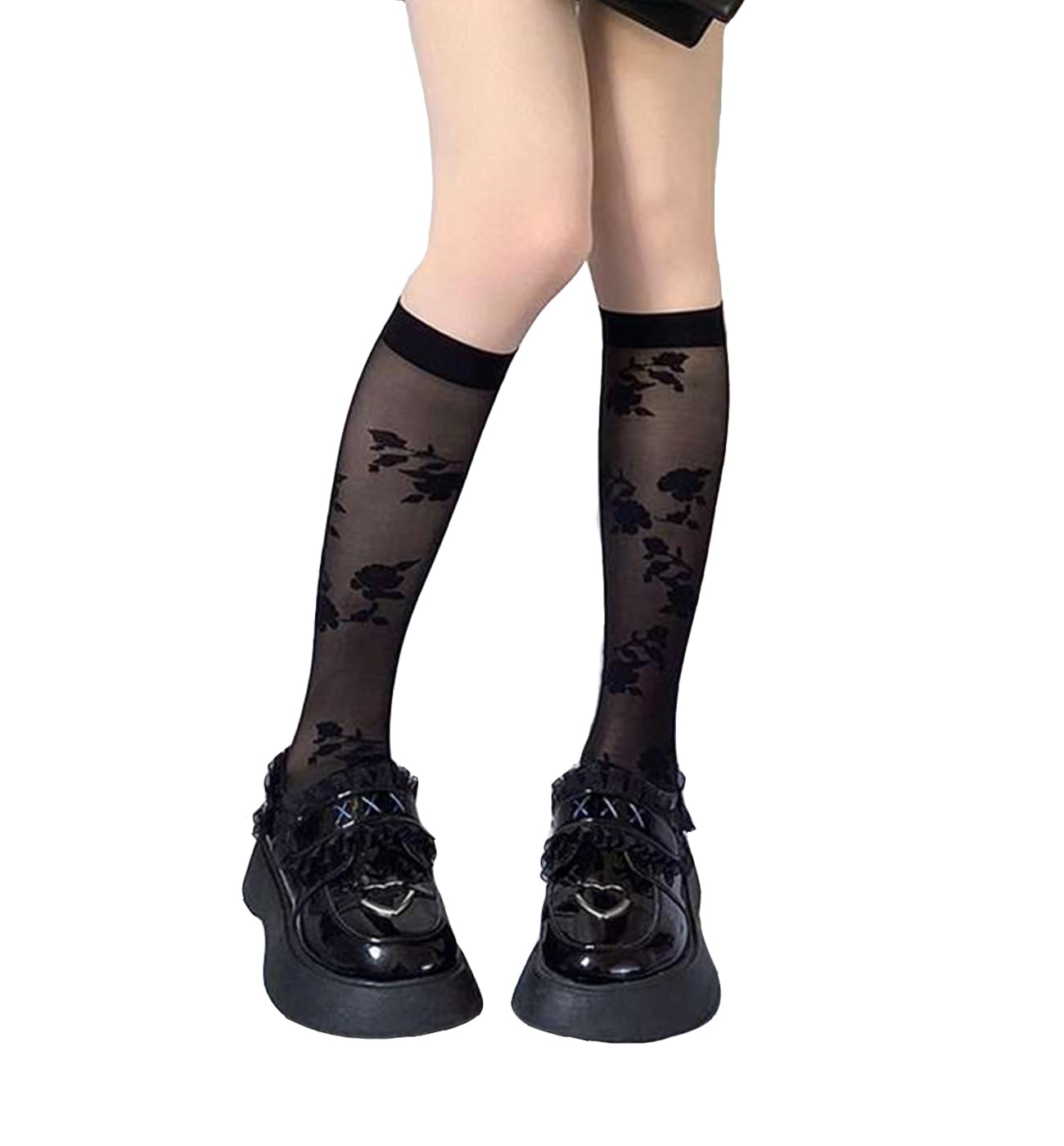 Benefeet Women's Sheer Knee High Socks - Black & White Lace Stockings for Lolita Fashion
