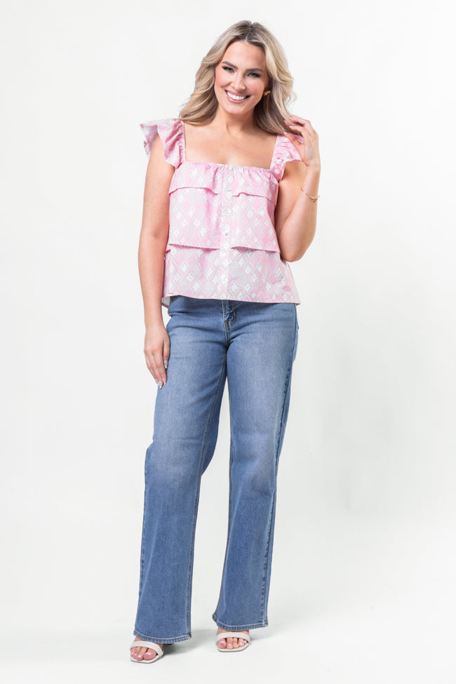Wonderful Wildflowers Pink Print Button Front Tiered Tank Top - Floral Summer Blouse for Women - Perfect for Casual Outings & Beach Vacations
