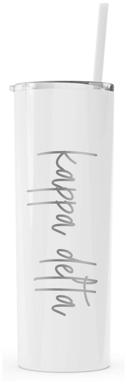 Go Greek Chic Kappa Delta Laser Engraved Skinny Tumbler with Straw (20oz, White) - Perfect for Sorority Gifts, College Events & Everyday Hydration