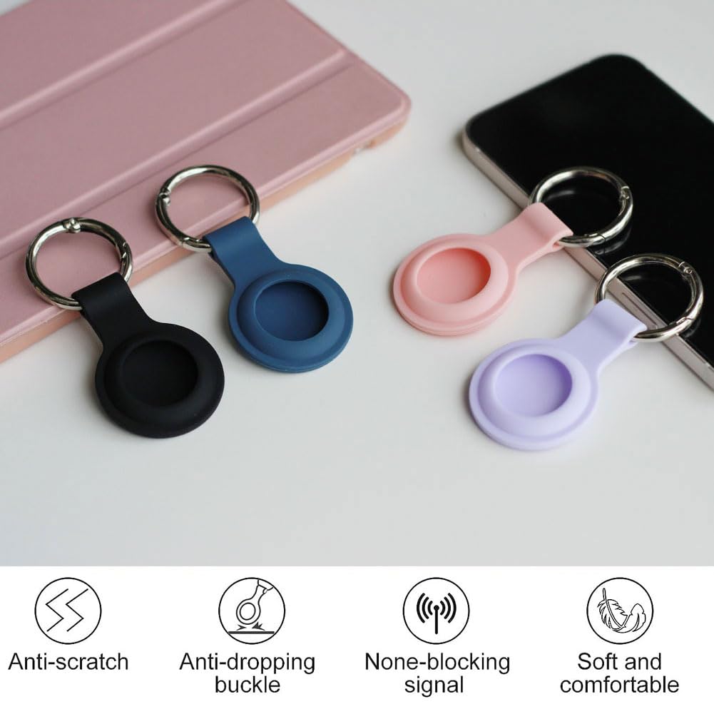 Alsukeay 4 Pack AirTag Holder Case with Keychain - Silicone Protective Cover with Loop Key Ring - Compatible with Apple AirTag Tracker for Wallet, Backpack, Luggage, Pets (Black/Blue/Pink/Purple) - Perfect for Travel, Key Tracking & Pet Safety