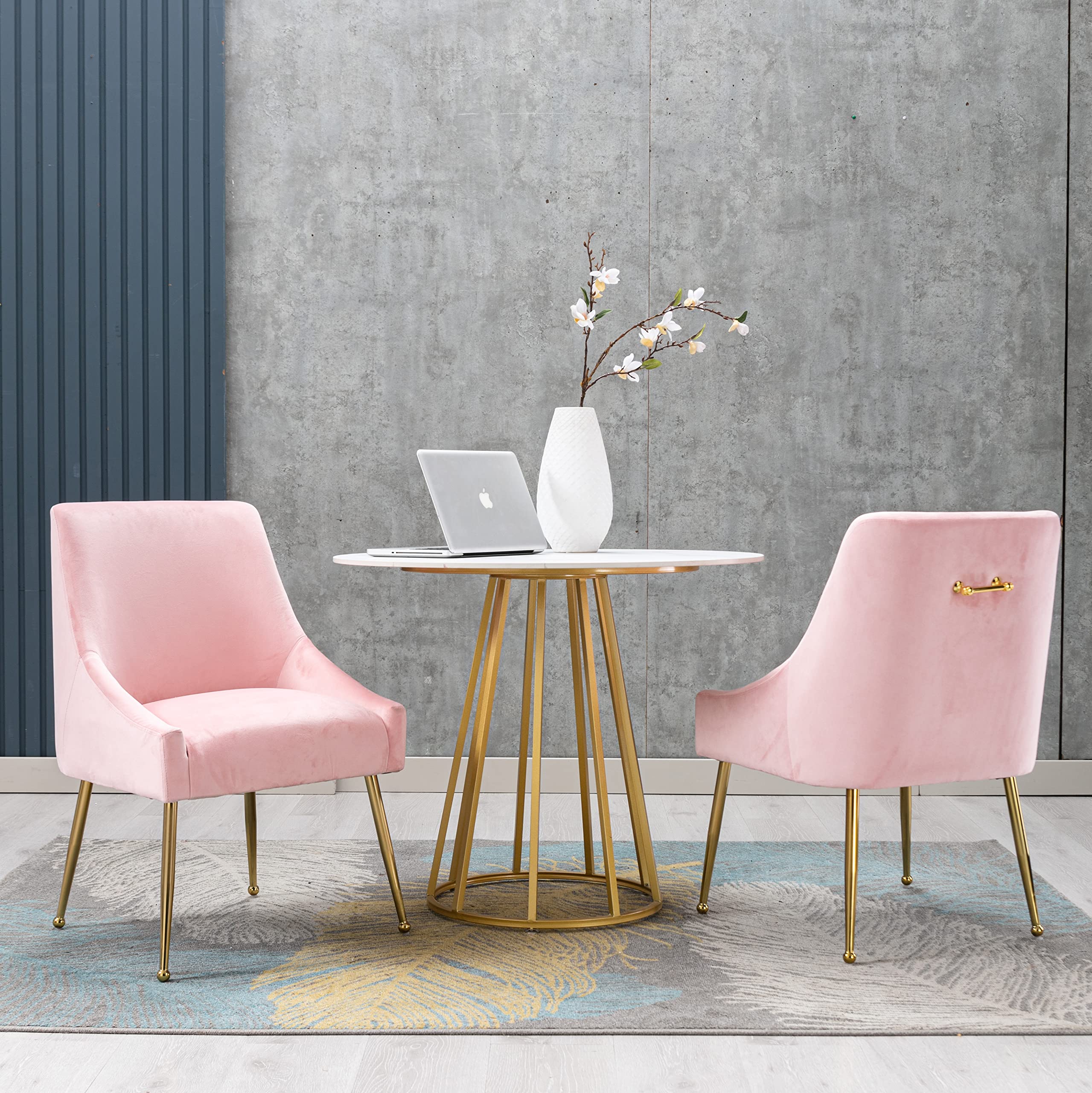 Luxury Modern Velvet Accent Chair Set of 2 - Thick Sponge Upholstered Dining Chairs with Golden Metal Legs for Dining Room, Bedroom, Living Room & Office Decor - Elegant Pink Velvet Seating for Home & Workspace