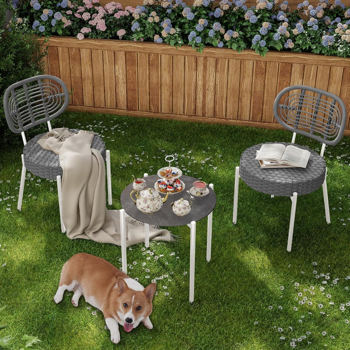 GARVEE 3-Piece Outdoor Patio Bistro Set - White & Grey Wicker Rattan Chairs with Table - Durable Garden Furniture for Backyard, Deck, Poolside & Balcony Use