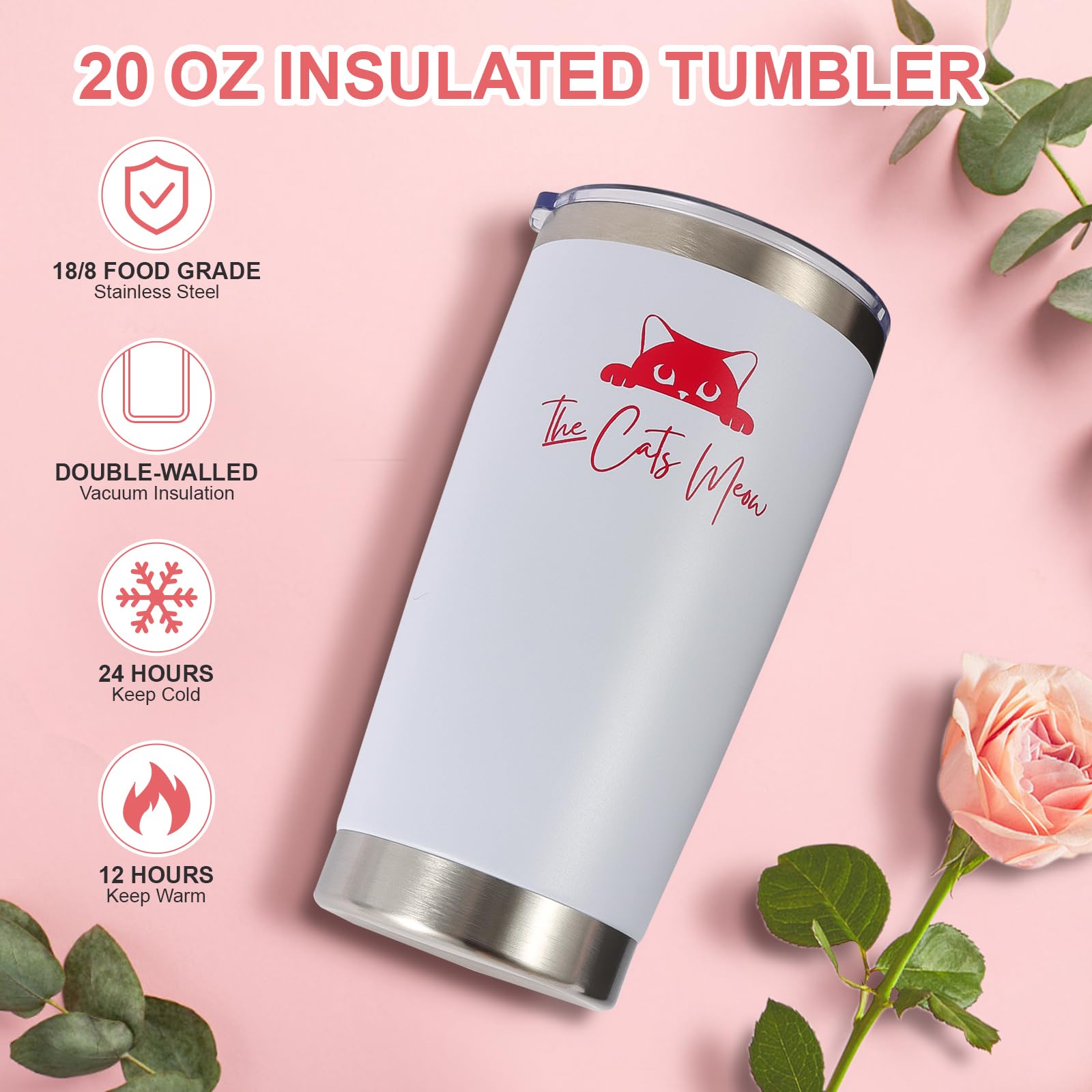 Premium Cat Lover Gift Set - 20oz Insulated Coffee Tumbler, Lavender Aromatherapy Candle, Diamond-Infused Soap, Jade Facial Roller, Relaxing Bath Bomb & Salts, Silk Sleep Mask & Gift Card in Elegant Cat-Themed Gift Box - Perfect Birthday, Anniversary & Self-Care Gifts for Cat Ladies