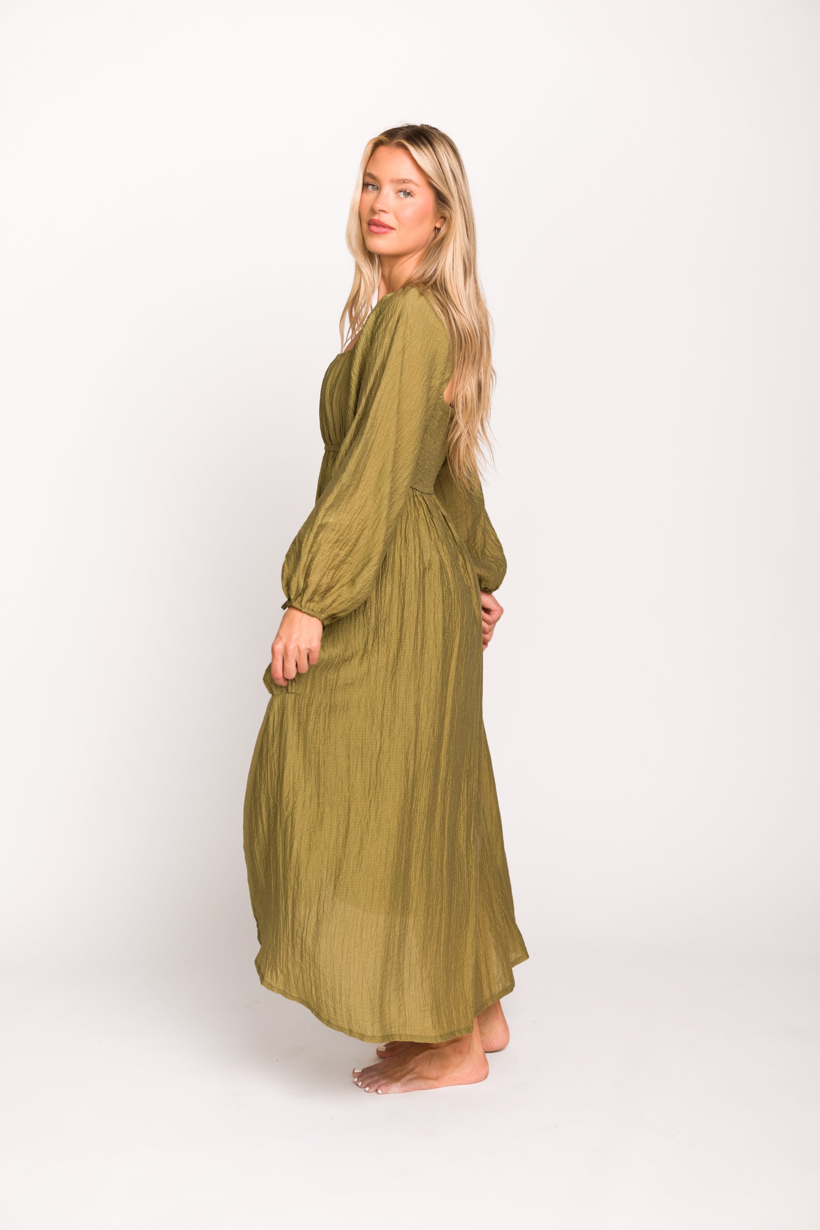 Ariana Women's Olive Long Sleeve Maxi Dress with Slouchy Pocket - Elegant Boho Style for Casual Wear, Date Night & Fall Fashion