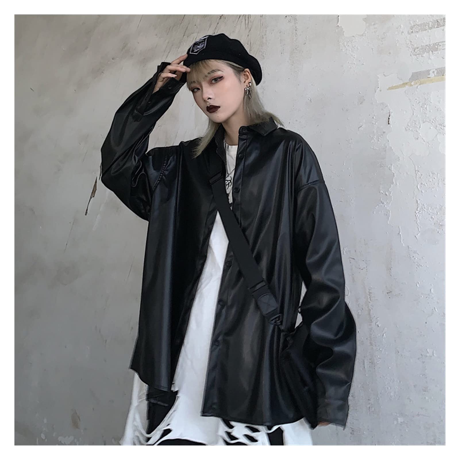 Korean Black Leather Moto Jacket for Women - Stylish Loose Streetwear Biker Jacket - Spring Outerwear (Black, Size S) | Perfect for Casual Wear, Motorcycle Riding & Urban Fashion