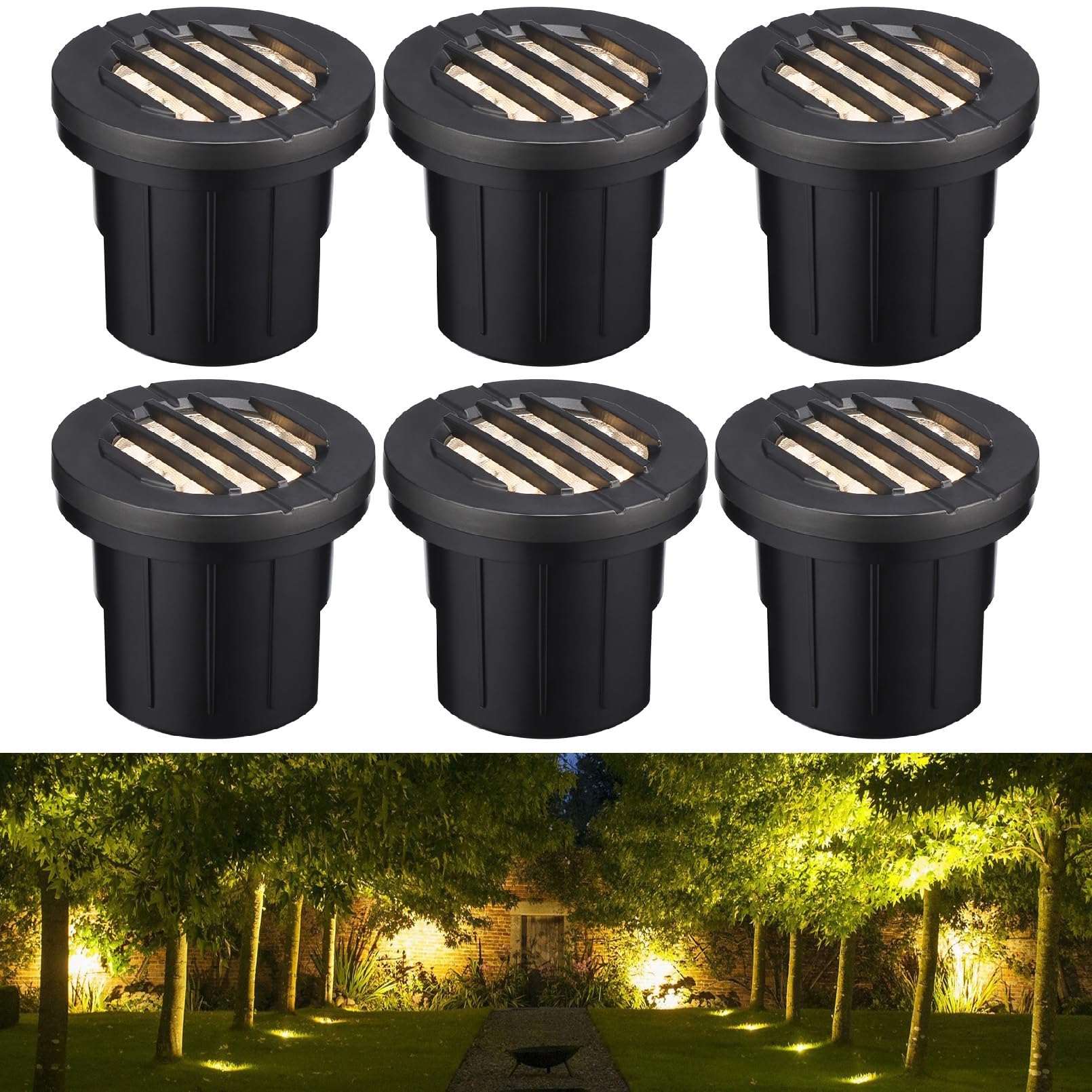 LEONLITE 6W LED Well Lights for Landscape - 6 Pack, 3000K Warm White, IP67 Waterproof, ETL Listed, Low Voltage 12-24V AC/DC, Anti-Glare Grated Top, Aluminum Housing - Perfect for Garden Path, Driveway, and Outdoor Step Lighting