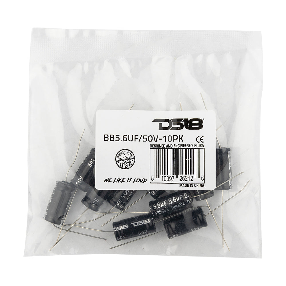 DS18 BB5.6UF/50V 10PK Bass Blocker Capacitor - 7KHz @ 4 ohms or 3.5KHz @ 8 ohms 6DB/OCT - 10 Pack for Car Audio Systems & Speaker Protection