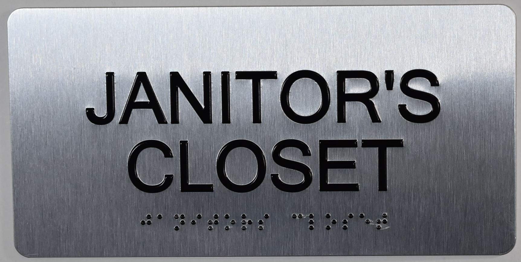 Janitor's Closet Sign - ADA Compliant Aluminum Braille Sign with Tactile Text (4x8 Inches, Brushed Silver) for Restrooms, Storage Rooms & Public Buildings