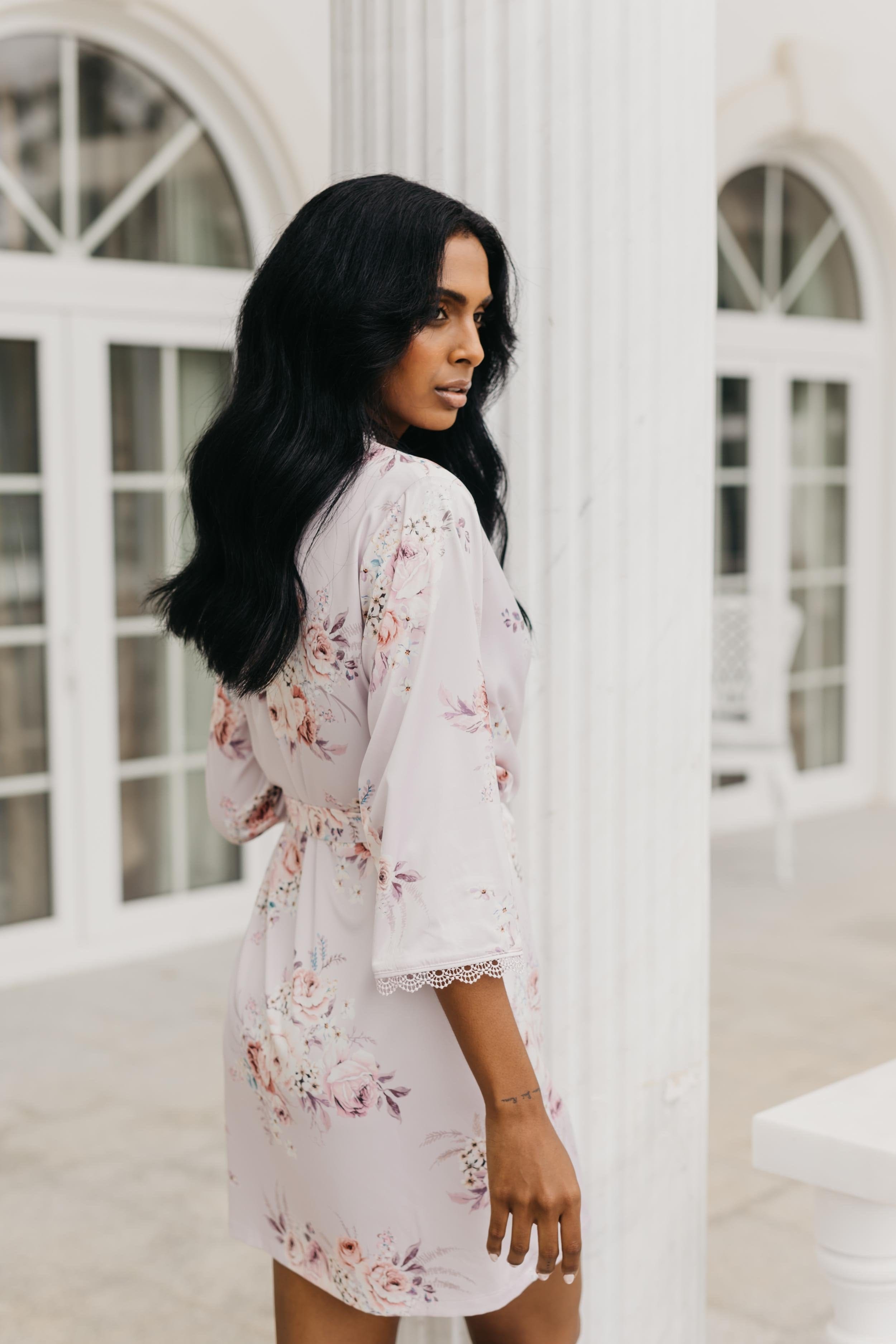 Elegant Rose Mist Floral Lace Trim Satin Robe - Women's Luxury Kimono Bathrobe for Bridal, Spa, Honeymoon & Boudoir Photography