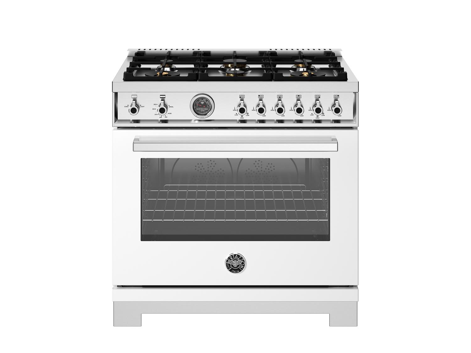 Bertazzoni PRO366BCFGMBIT 36 Inch Professional Gas Range - 6 Brass Burners with Cast Iron Griddle in Bianco White | Ideal for Home Chefs & Commercial Kitchens
