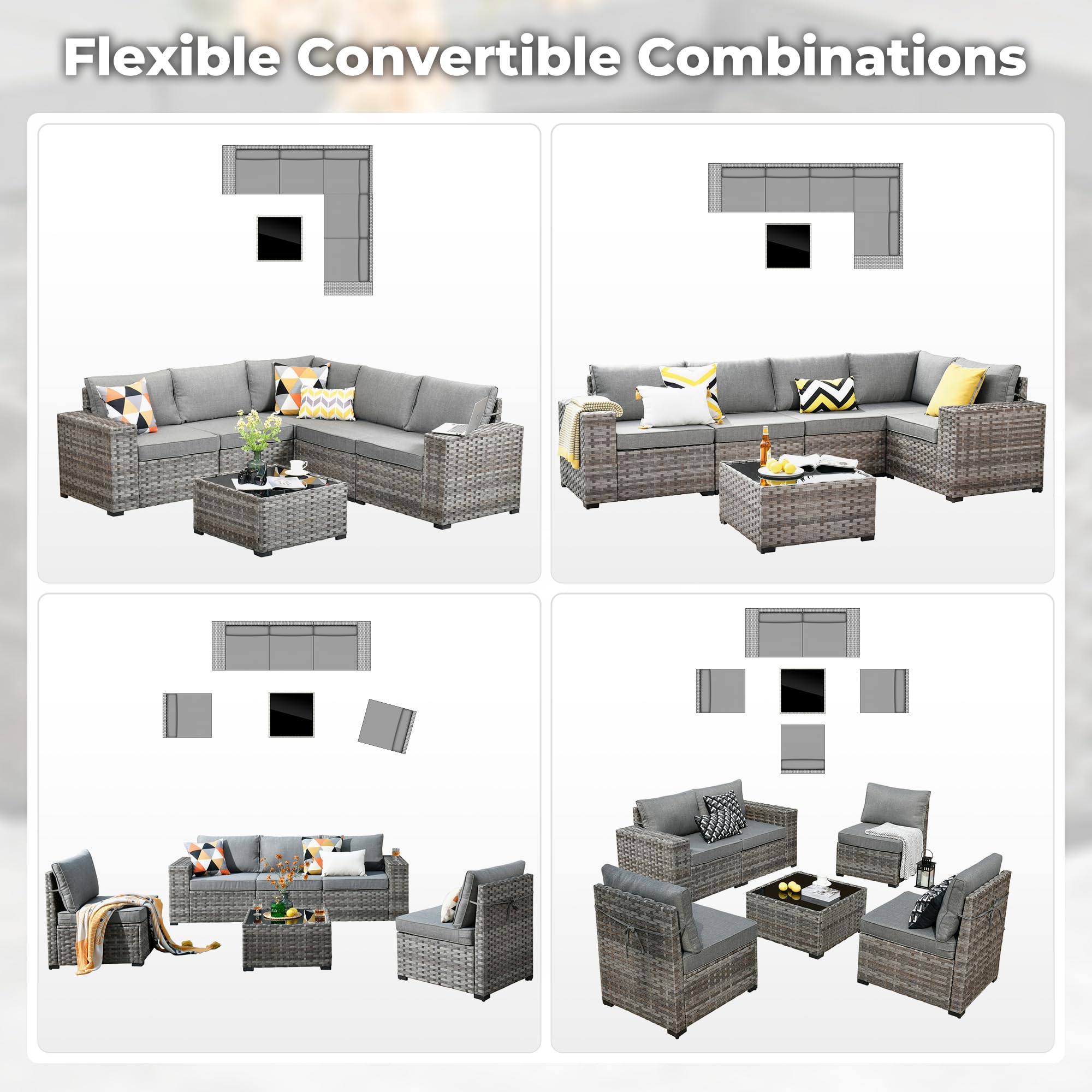 6-Piece Outdoor Patio Furniture Set - Modern Modular Wicker Rattan Sectional Sofa with Deep Seats & Comfy Cushions - Dark Grey Conversation Set for Backyard, Poolside & Garden Relaxation