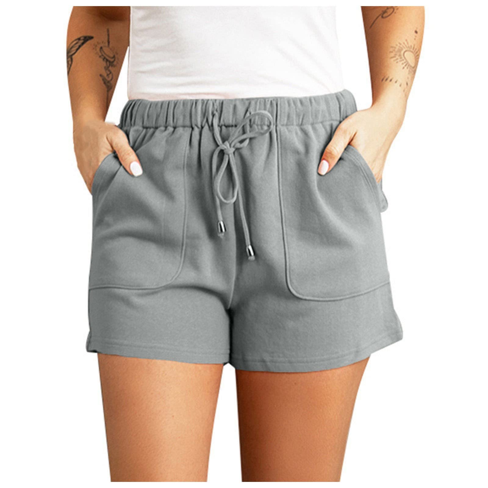 Women's Mid Waist Denim Shorts with Drawstring & Pockets - Distressed Frayed Hem Casual Jean Shorts for Running, Yoga & Summer Outfits