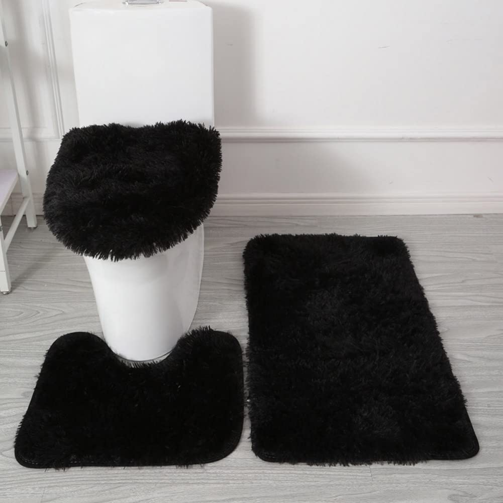 SEAHOME 3-Piece Non-Slip Bathroom Rug Set with Toilet Lid Cover & Contour Mat - Soft Absorbent Shower Mats for Tub, Toilet & Bathroom Floor (Black) - Perfect for Modern Bathrooms, Guest Suites & Spa-Style Decor