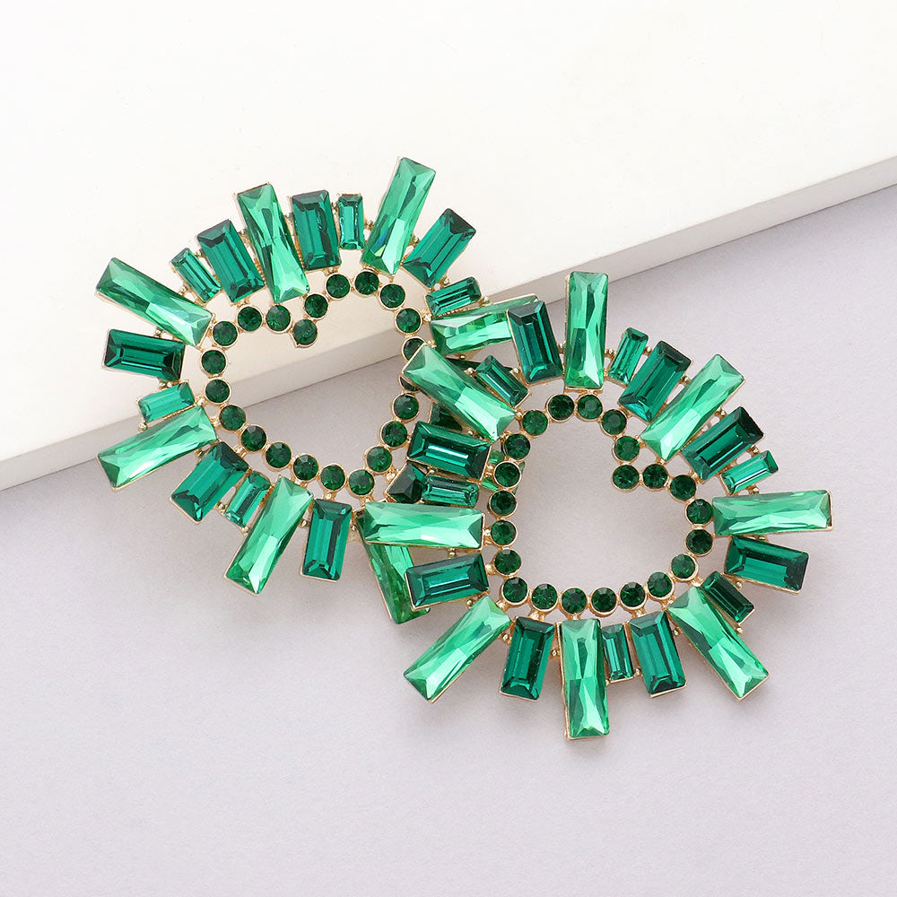 Emerald Crystal Stone Cluster Heart Pageant Earrings for Prom, Wedding & Special Occasions | Elegant Dangle Earrings for Women | 604438