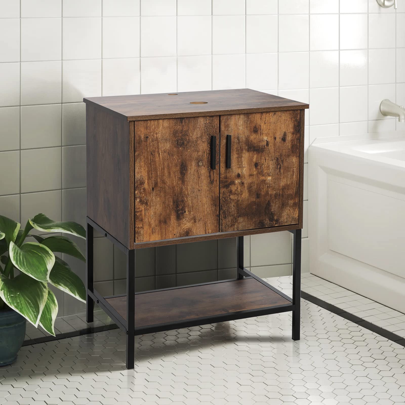 Eclife 24 Inch Modern Bathroom Vanity with Metal Stand & Bottom Shelf - Rustic Brown Freestanding Cabinet (Sink Not Included) | Perfect for Small Bathrooms, Powder Rooms & Apartment Renovations