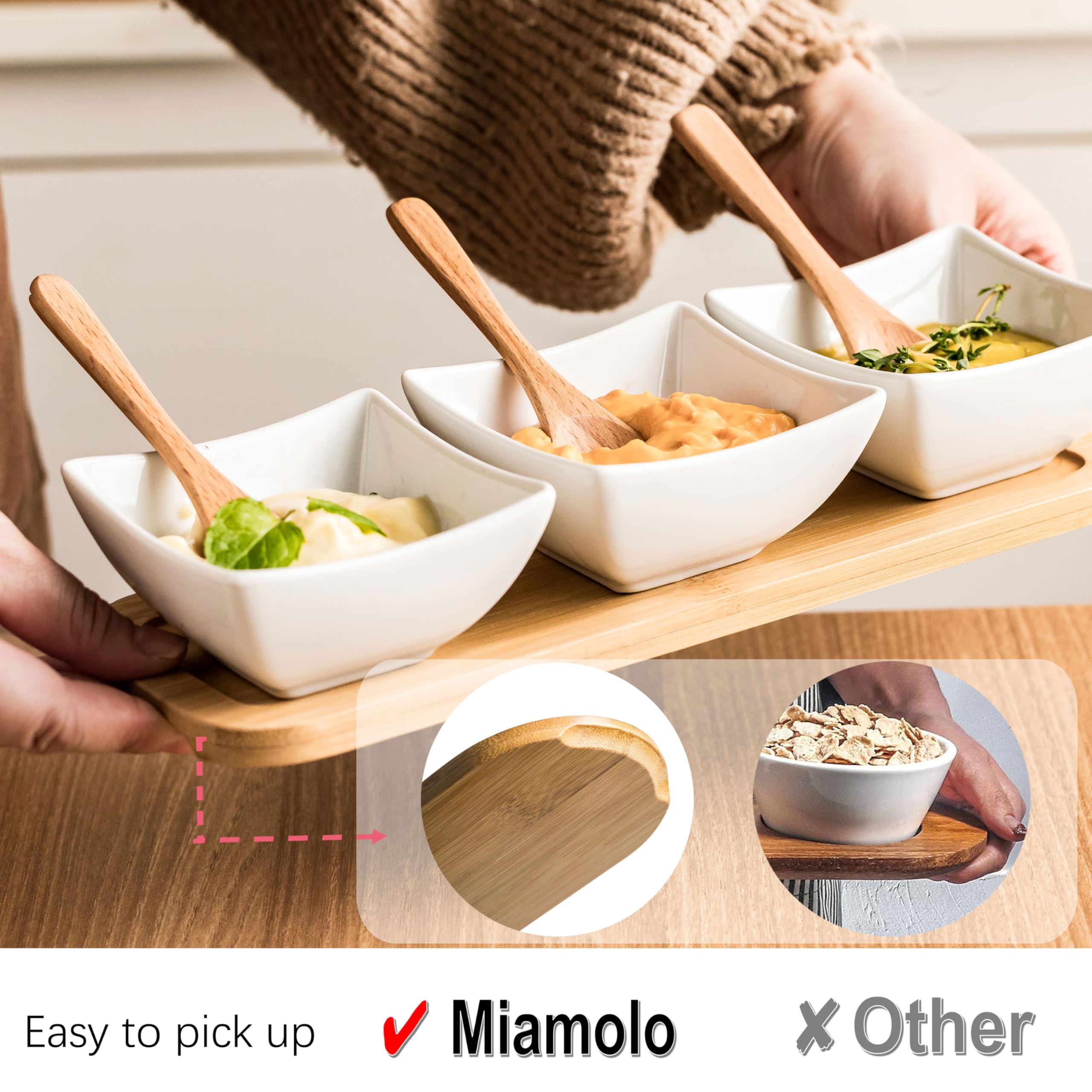 Ceramic Chip and Dip Serving Set with Wooden Spoons - Appetizer Tray for BBQ, Party Snacks & Entertaining - Perfect for Nachos, Salsa, Guacamole & Condiments
