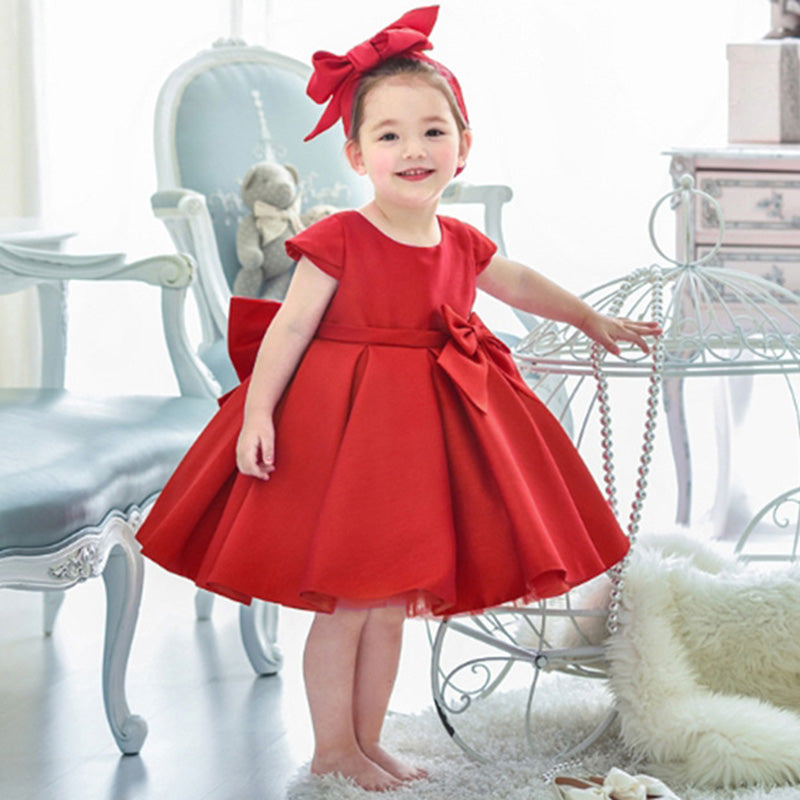 Elegant Princess Satin Flower Girl Dress with Cap Sleeves & Bows - Perfect for Weddings, Birthday Parties & Special Occasions