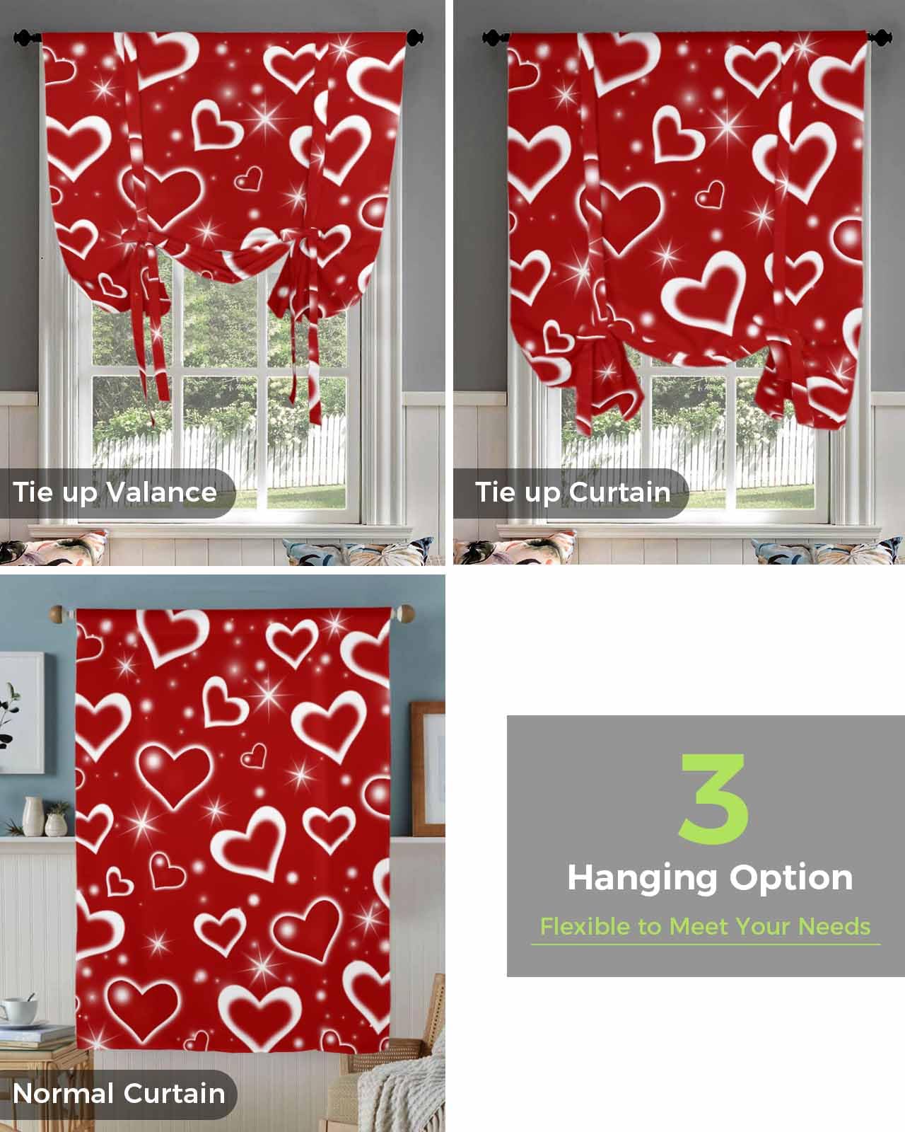 Valentine's Day Kitchen Window Curtains - Romantic Star & Heart Design Adjustable Balloon Shade with Rod Pocket, 42