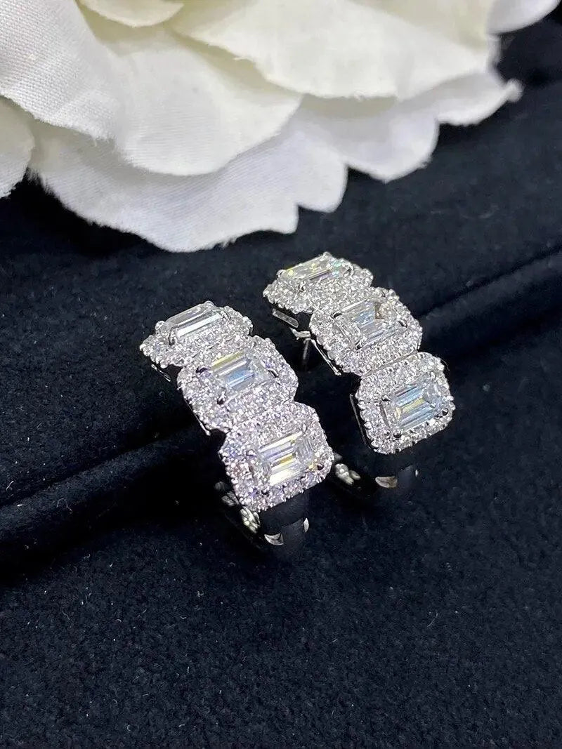 18K White Gold Diamond Hoop Earrings for Women - Real Natural Shiny E-Shaped Wedding & Engagement Jewelry - Perfect for Bridal, Anniversary, and Special Occasion Gifts