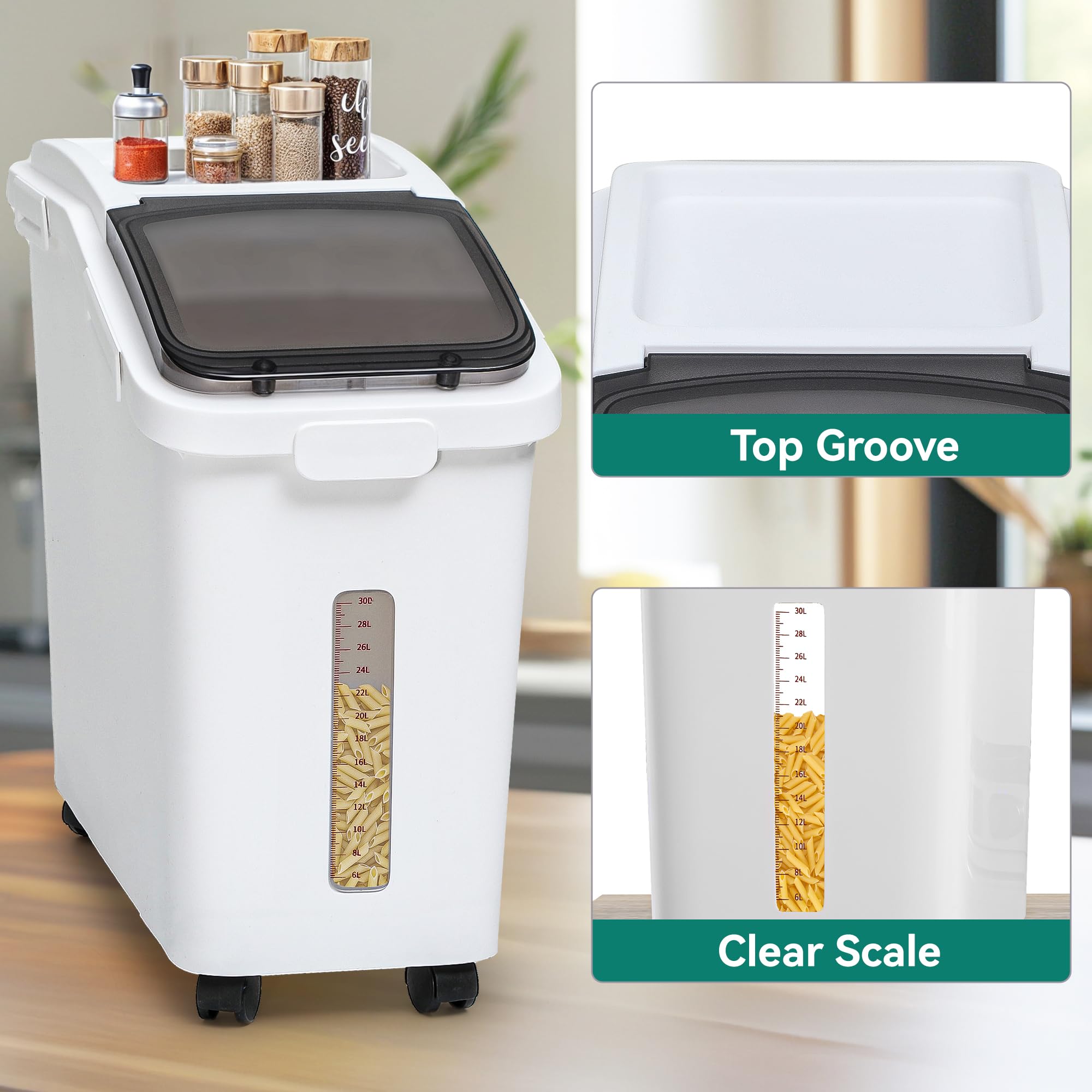 YITAHOME 20.6 Gallon Commercial Rice Flour Storage Container with Wheels - 3-Piece Set (11.4+5.8+3.4 Gal) - 500 Cups Capacity - Includes Scoop & Lid - White Kitchen Storage Bins for Flour, Rice, Sugar & Dry Food - Perfect for Pantry, Restaurant & Bulk Ingredient Organization