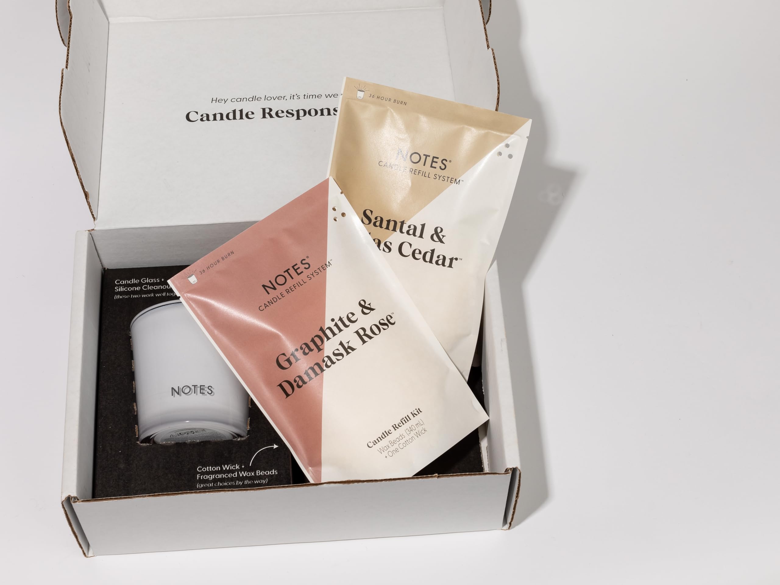 NOTES Sustainable Candle Starter Kit - Smokey Woody Duo | Refillable & Reusable Soy Wax Candles | Natural Wooden Scented Candles | Graphite & Damask Rose + Santal & Atlas Cedar | Eco-Friendly Home Decor | Perfect for Relaxation, Meditation & Romantic Ambience