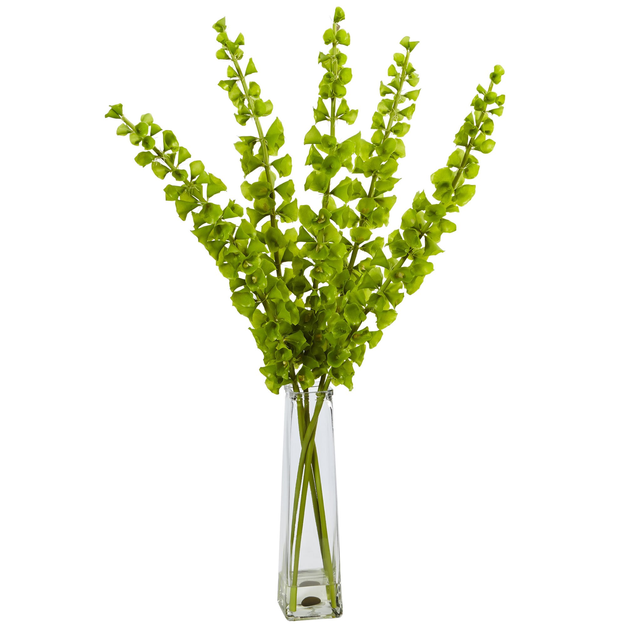 Nearly Natural Bells of Ireland Silk Flower Arrangement in Pyramid Glass Vase - Elegant Home Decor for Living Room, Dining Table & Office Centerpiece