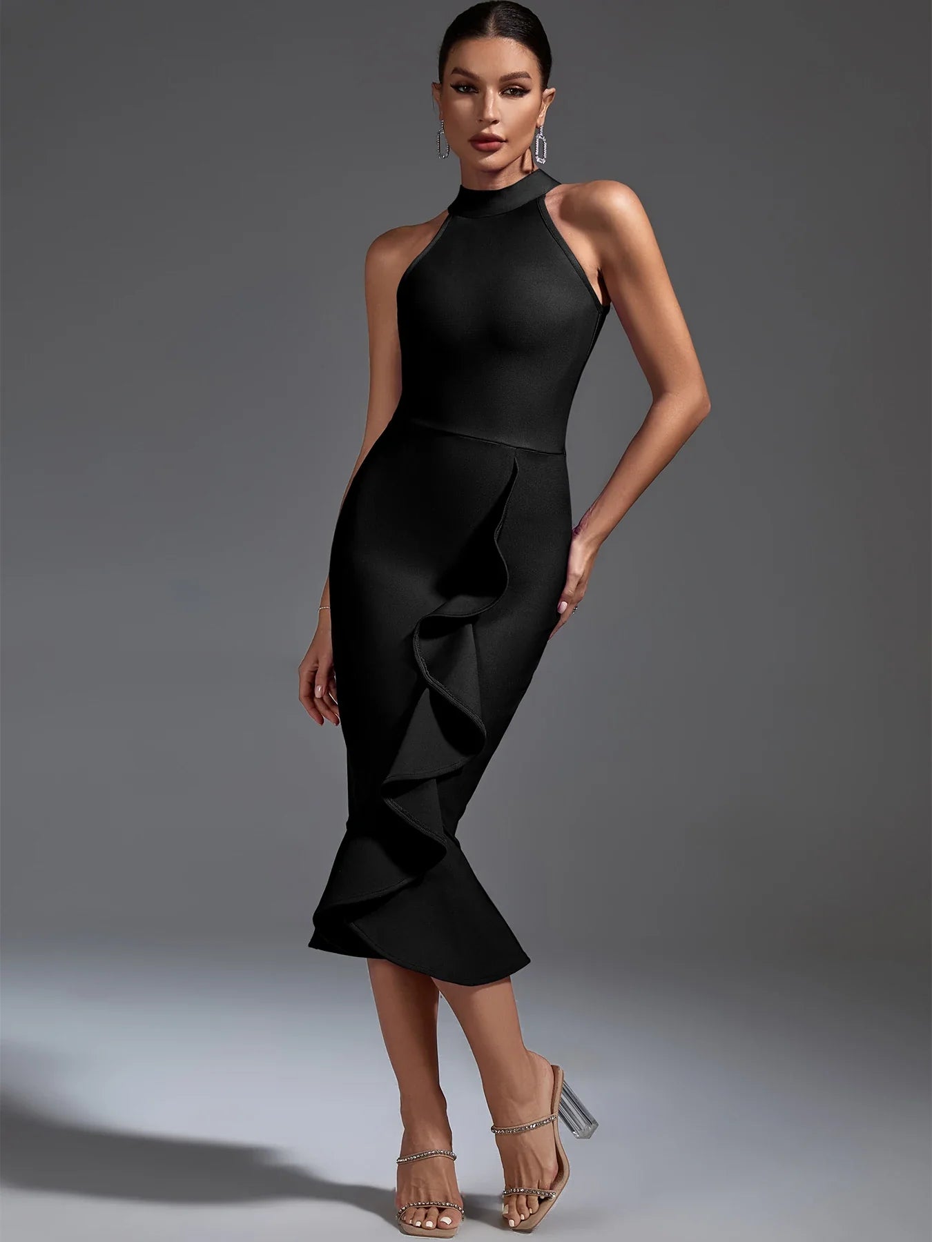 Elegant Black Bandage Dress for Women - Bodycon Midi Party Dress with Ruffle Mermaid Hem | Sexy Club Outfit for Evening, Birthday & Night Out
