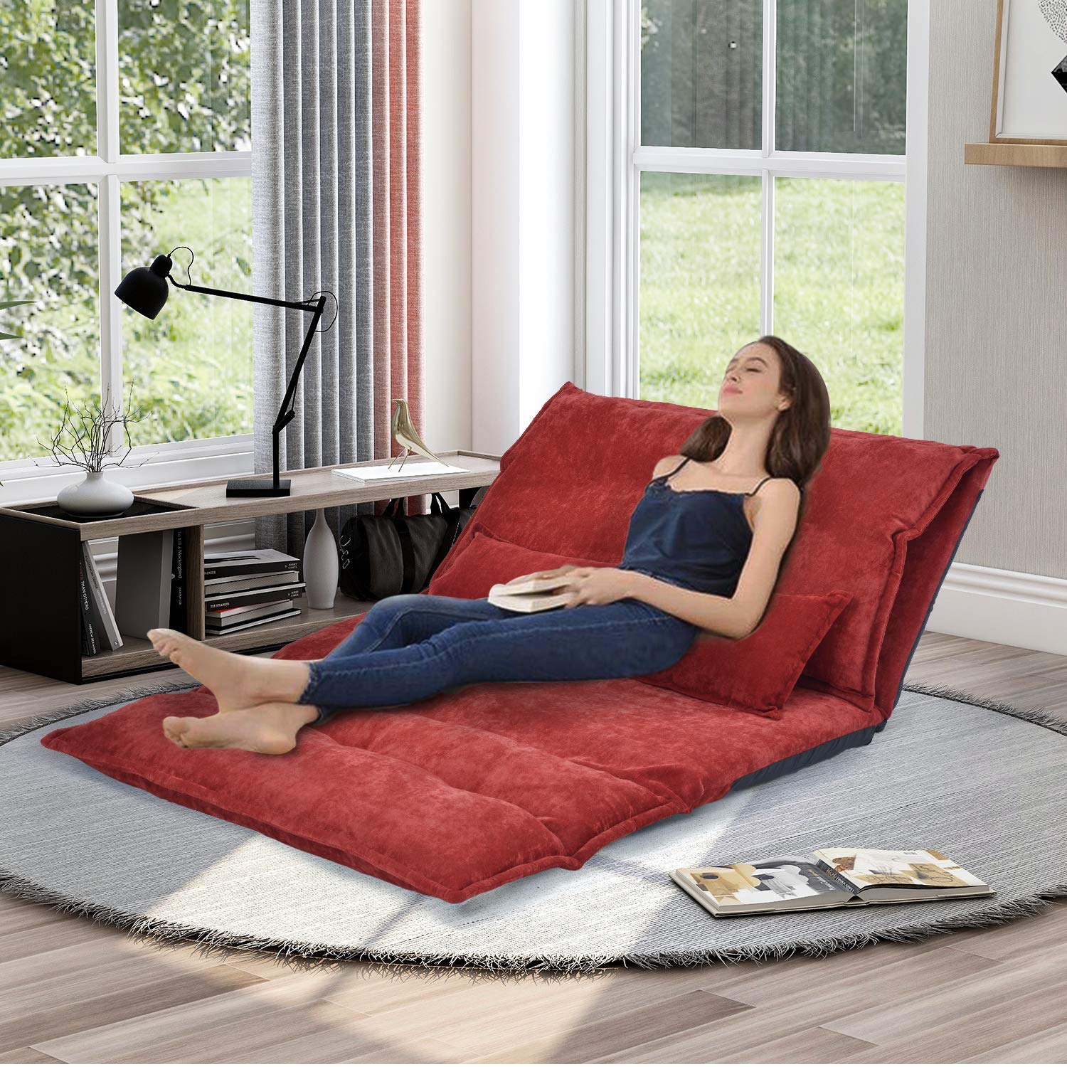 ZEROFEEL Floor Sofa Bed Couch - Convertible Lounge Chair with 5 Reclining Positions & 2 Pillows, Gaming Sofa Mattress for Small Spaces - Perfect for Living Room, Bedroom, Home Theater & Guest Sleeping (Red)