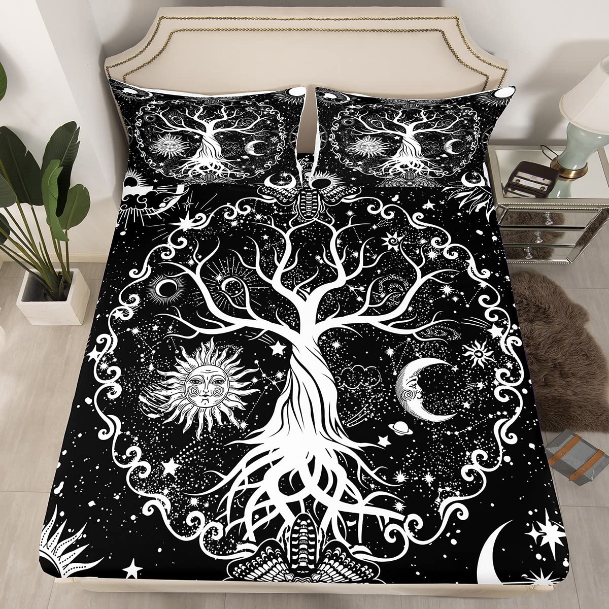 Erosebridal Tree of Life Bed Sheet Set - Gothic Sun & Moon Fitted Sheet with Cosmic Stars Design, Boho Death Skull & Trippy Galaxy Print, Includes 2Pcs Twin Size Sheets & 1 Pillowcase - Perfect for Gothic, Bohemian & Celestial Themed Bedrooms