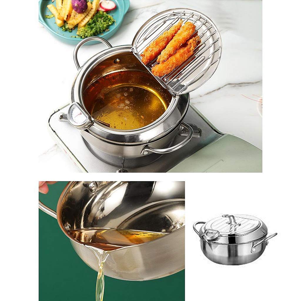 Premium Stainless Steel Deep Fryer Pot with Drainer & Thermometer - 20cm Tempura Fry Pan for Home & Restaurant Use - Perfect for Frying Chicken, Fish, Donuts & More