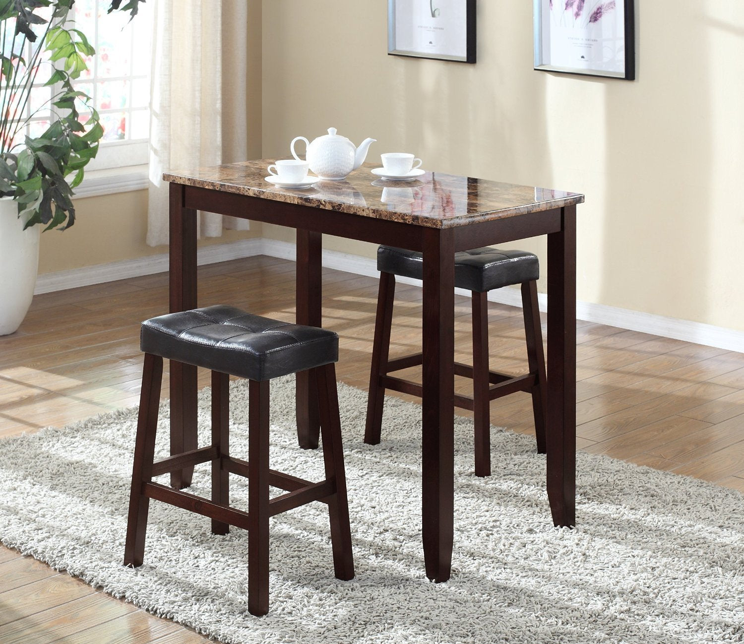 Roundhill Furniture 3-Piece Counter Height Dining Set - Glossy Marble Print Breakfast Table with 2 Stools for Kitchen, Breakfast Nook & Small Space Dining