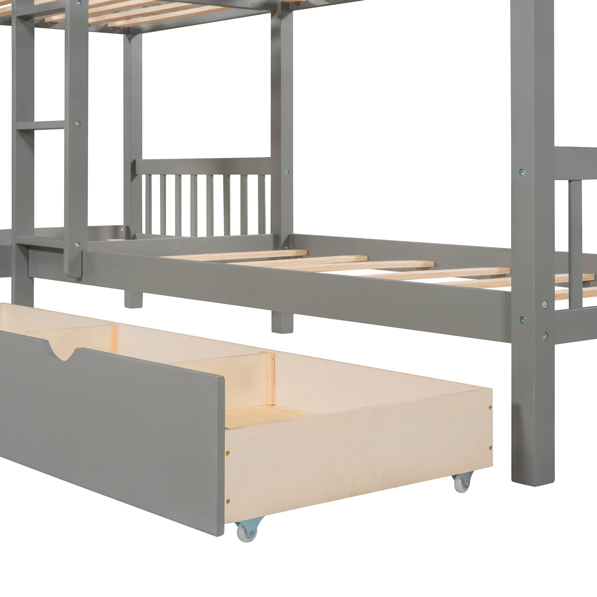 Harper & Bright Designs Twin Over Twin L-Shaped Bunk Bed for Kids - 4 Bed Frame with Storage Drawers & Safety Guardrails (Grey) - Perfect for Small Bedrooms, Shared Kids Rooms & Space-Saving Solutions