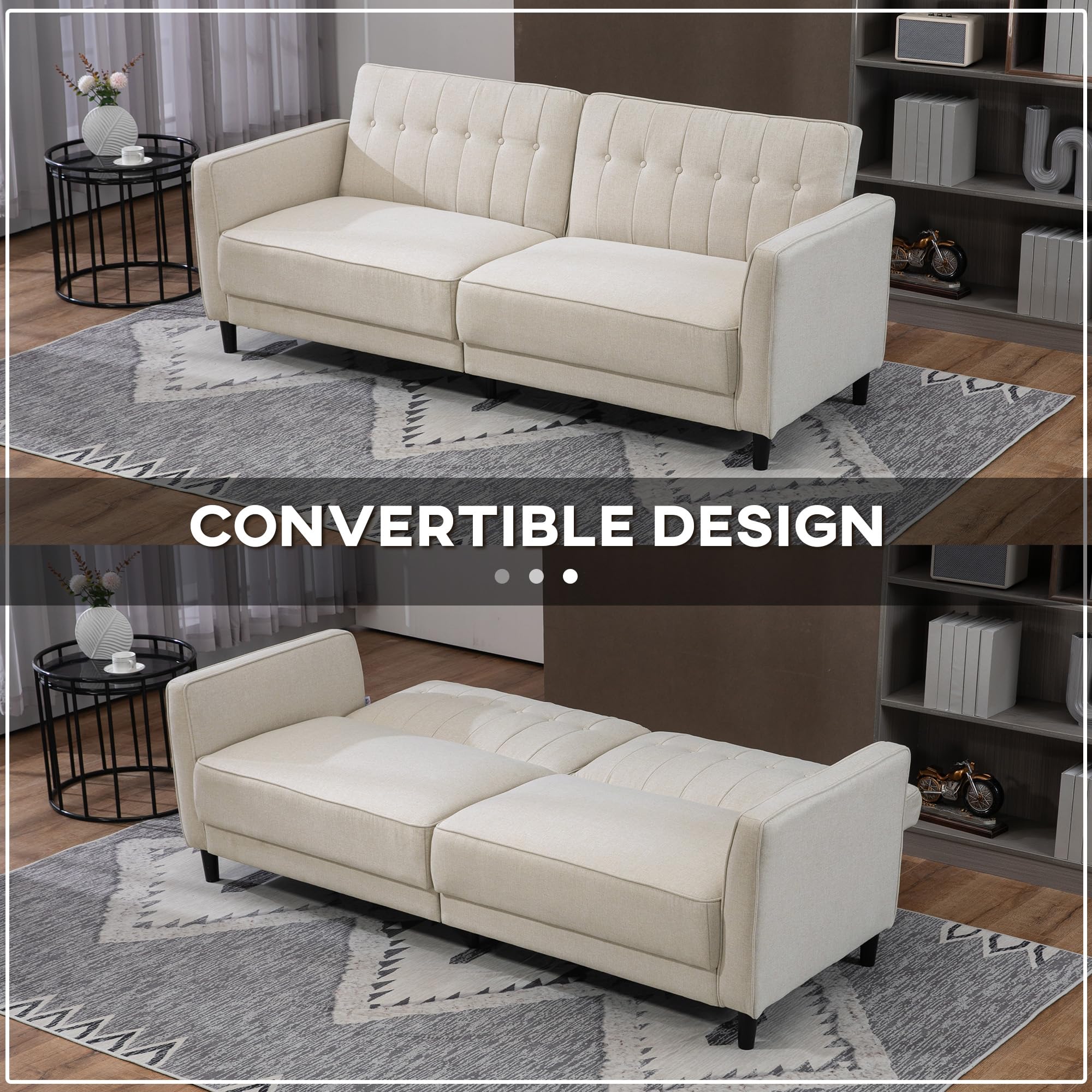 HOMCOM Convertible Sofa Bed with Adjustable Backrest - Button Tufted Sleeper Couch with Sturdy Wooden Legs - Beige Modern Furniture for Living Room, Guest Room & Small Apartments - Perfect for Overnight Guests, Studio Apartments and Cozy Spaces