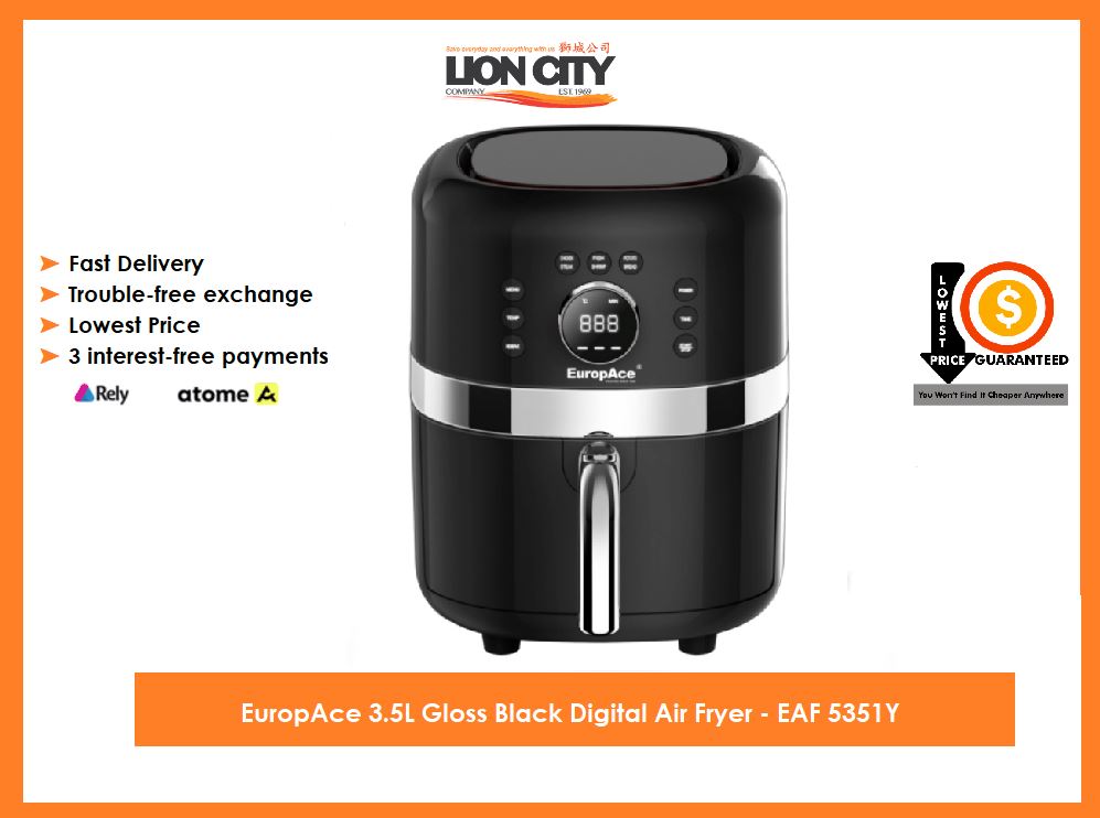 EuropAce 3.5L Digital Air Fryer with Gloss Black Finish - Healthy Oil-Free Cooking for Family Meals, Snacks & Quick Meals - Model EAF 5351Y