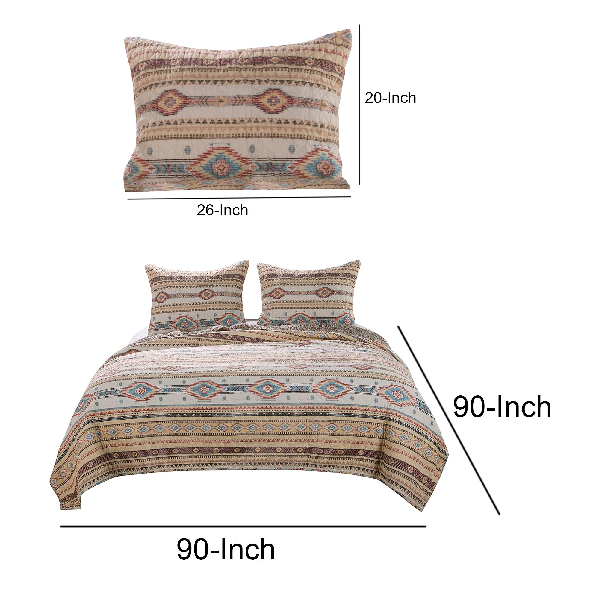 Benjara Full Size 3 Piece Polyester Quilt Set - Vibrant Kilim Pattern Bedding Collection | Perfect for Guest Rooms, Master Bedrooms & Bohemian Home Decor