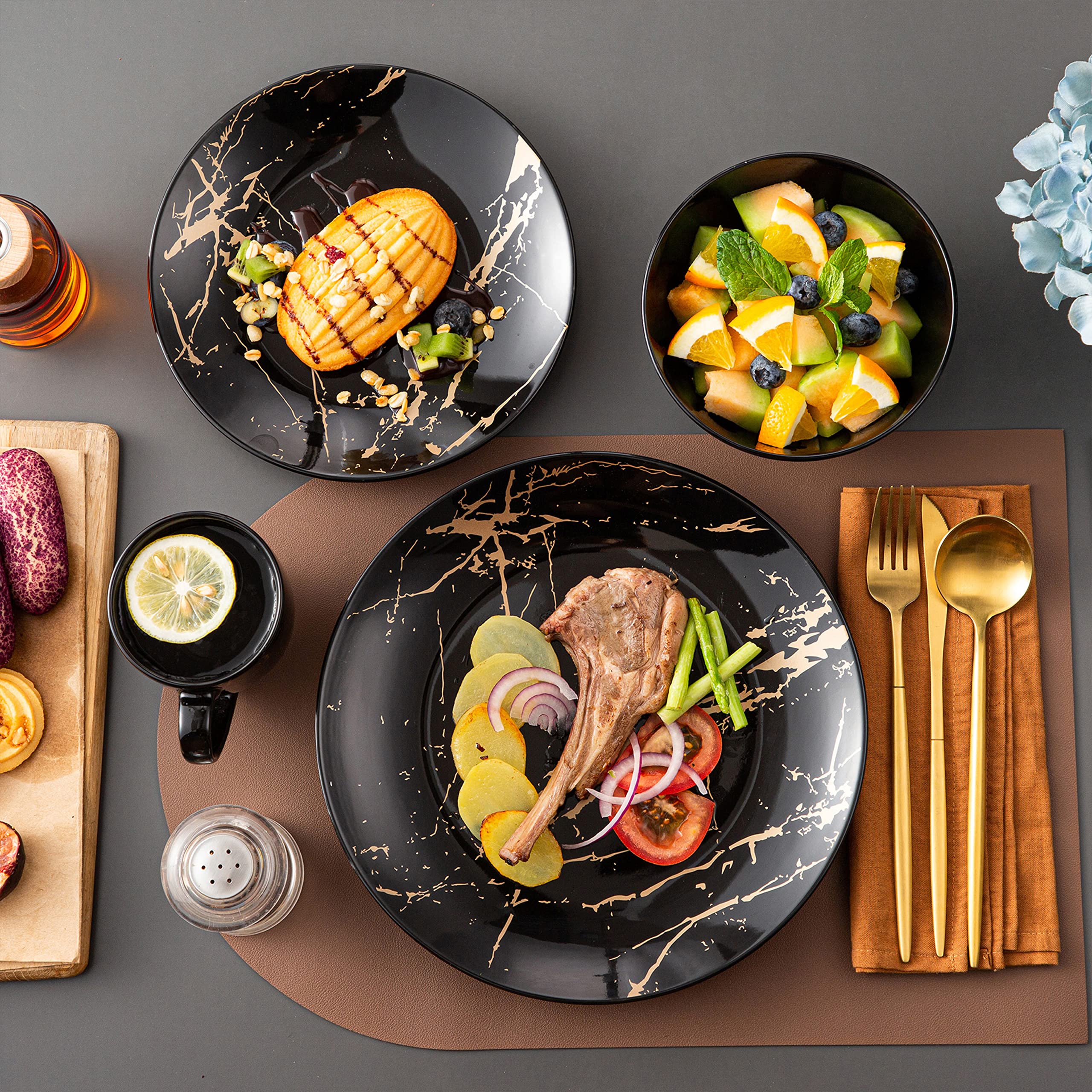 16-Piece Black and Gold Porcelain Dinnerware Set for 4 - Round Plates, Bowls & Mugs - Dishwasher & Microwave Safe - Elegant Table Setting for Family Dinners, Parties & Restaurant Use - by LOVECASA