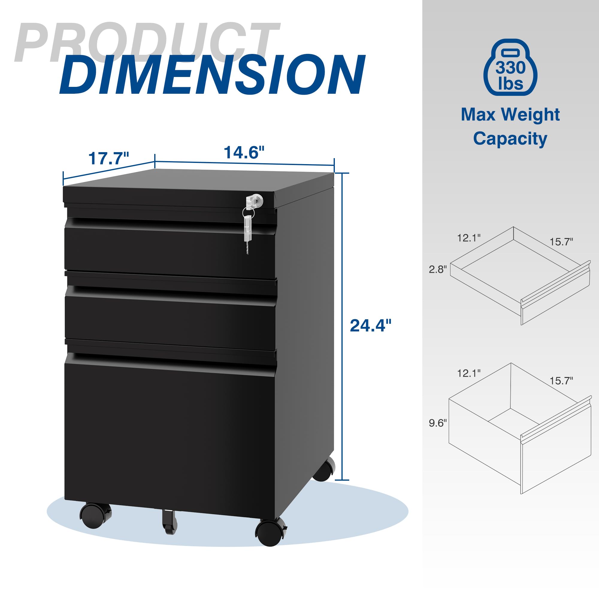 3 Drawer Vertical File Cabinet Black - Mobile Locking Storage for Legal & Letter Size Documents - Pre-Assembled Office File Cabinet with Wheels - Perfect for Under Desk Organization & Home Office Storage