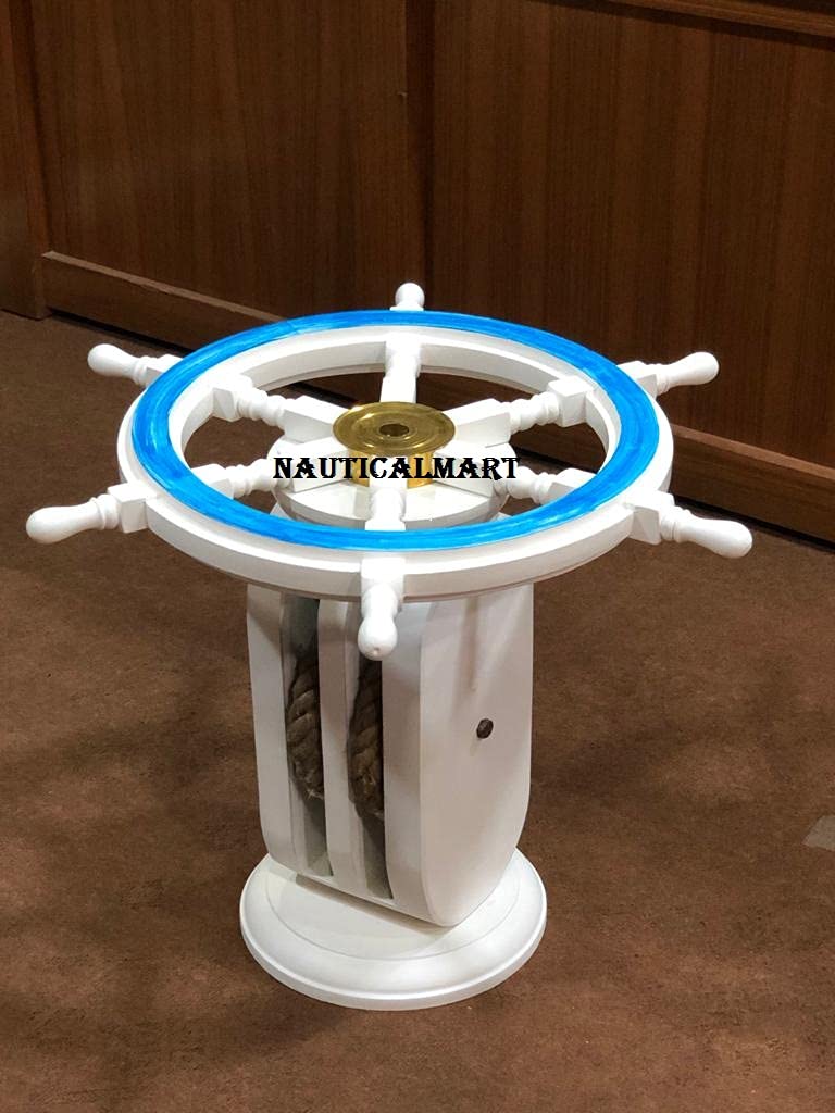 Distressed White Nautical Wooden Ship Wheel Coffee Table with Pulley Base - Rustic Coastal Home Decor for Living Room, Beach House, or Office