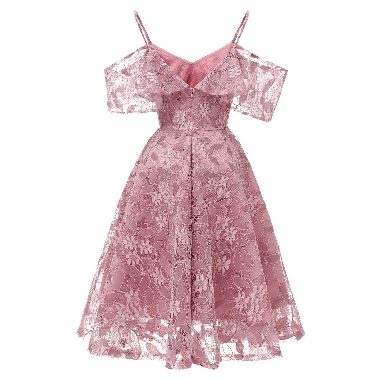 Women's Floral Lace Cold Shoulder Dress with Ruffle Sleeves - Pleated Knee Length Cocktail Party Gown for Evening Events, Prom, Wedding Guest & Special Occasions