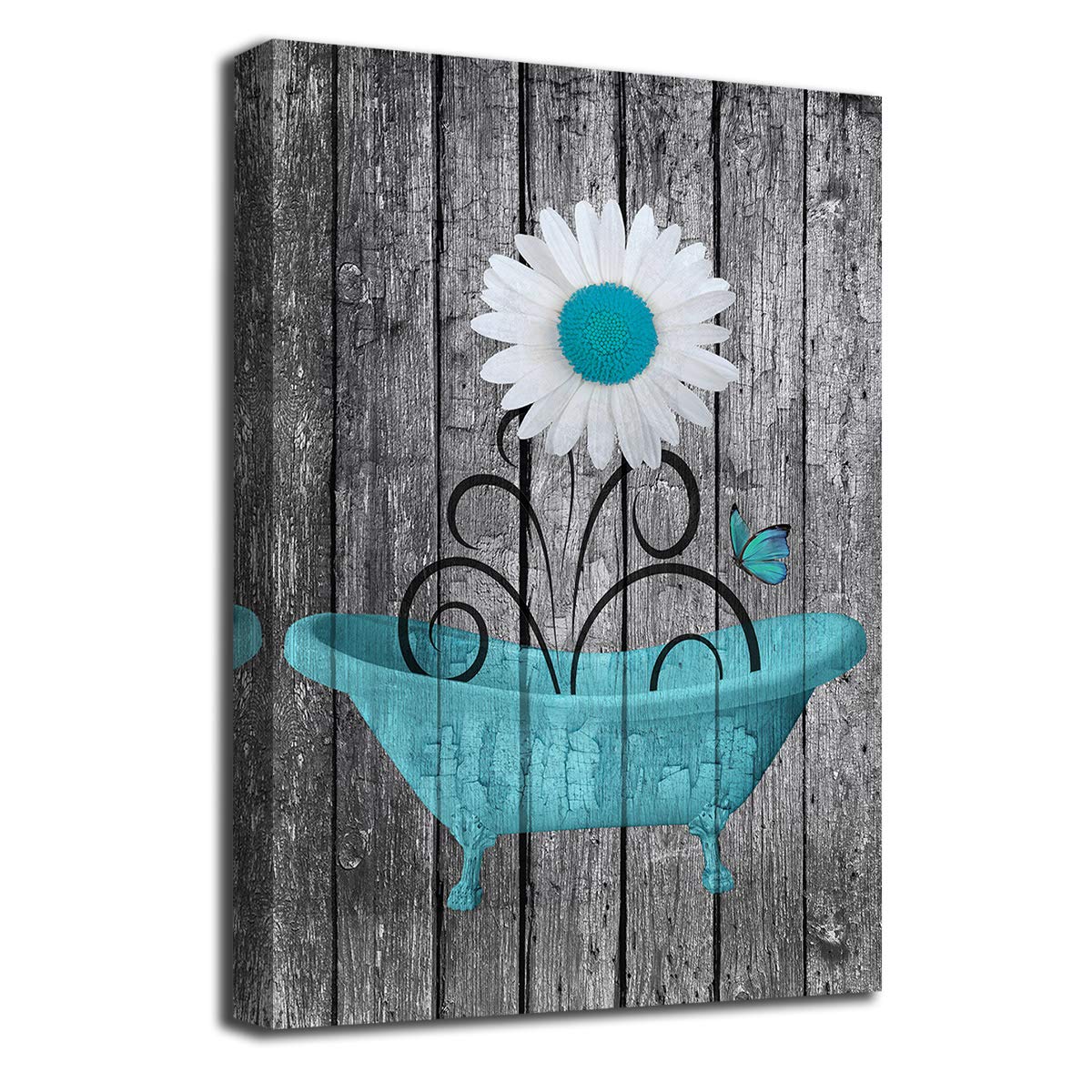 Modern Daisy Canvas Wall Art - Rustic Wood Background Framed Flower Painting 16x24 Inch - Ready to Hang Bathroom, Bedroom, Living Room & Office Decor - Blue Floral Artwork for Home & Spa Relaxation