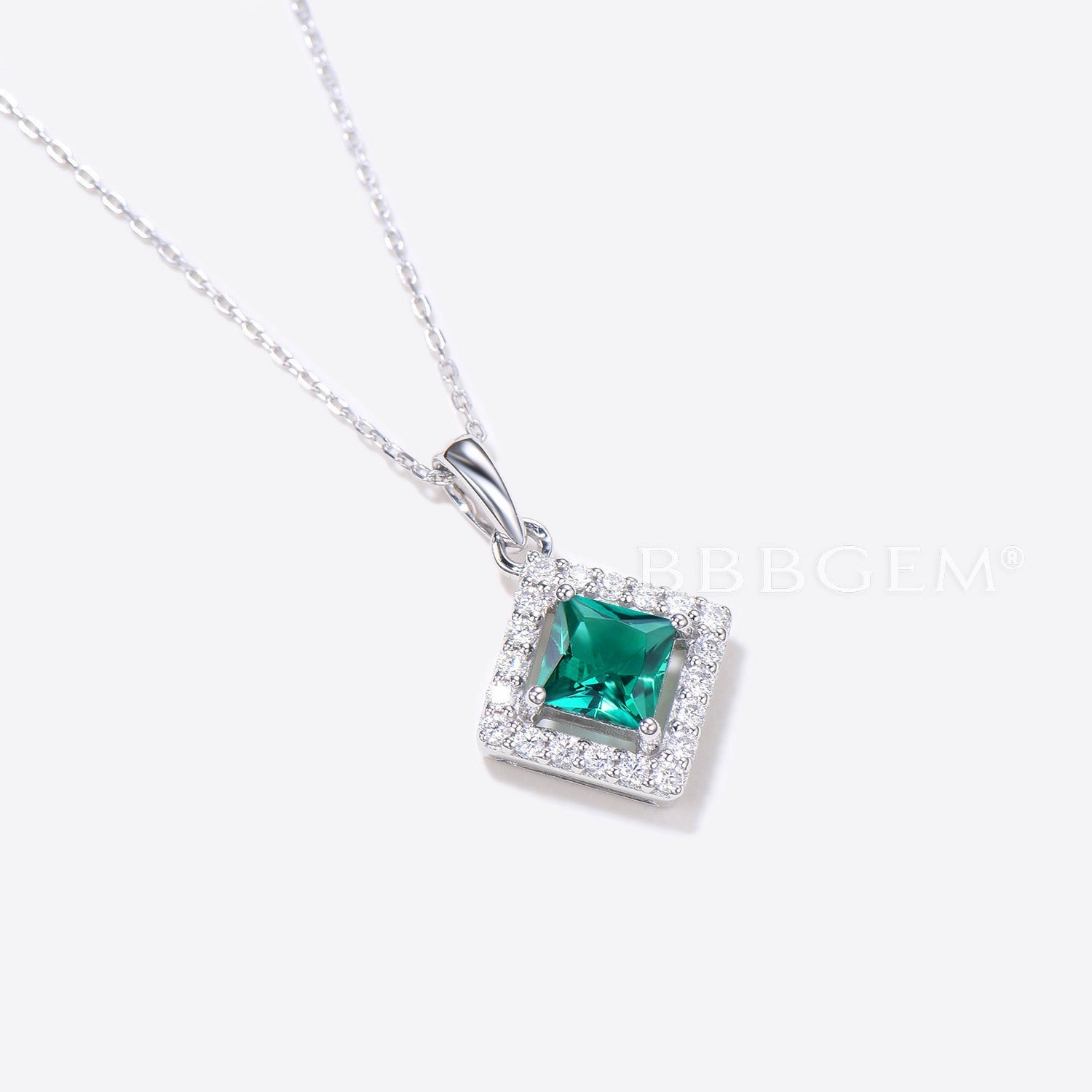 Princess Cut Green Emerald Pendant with Diamond Halo - Elegant Wedding Necklace for Bride, Anniversary Gift, Special Occasion Jewelry