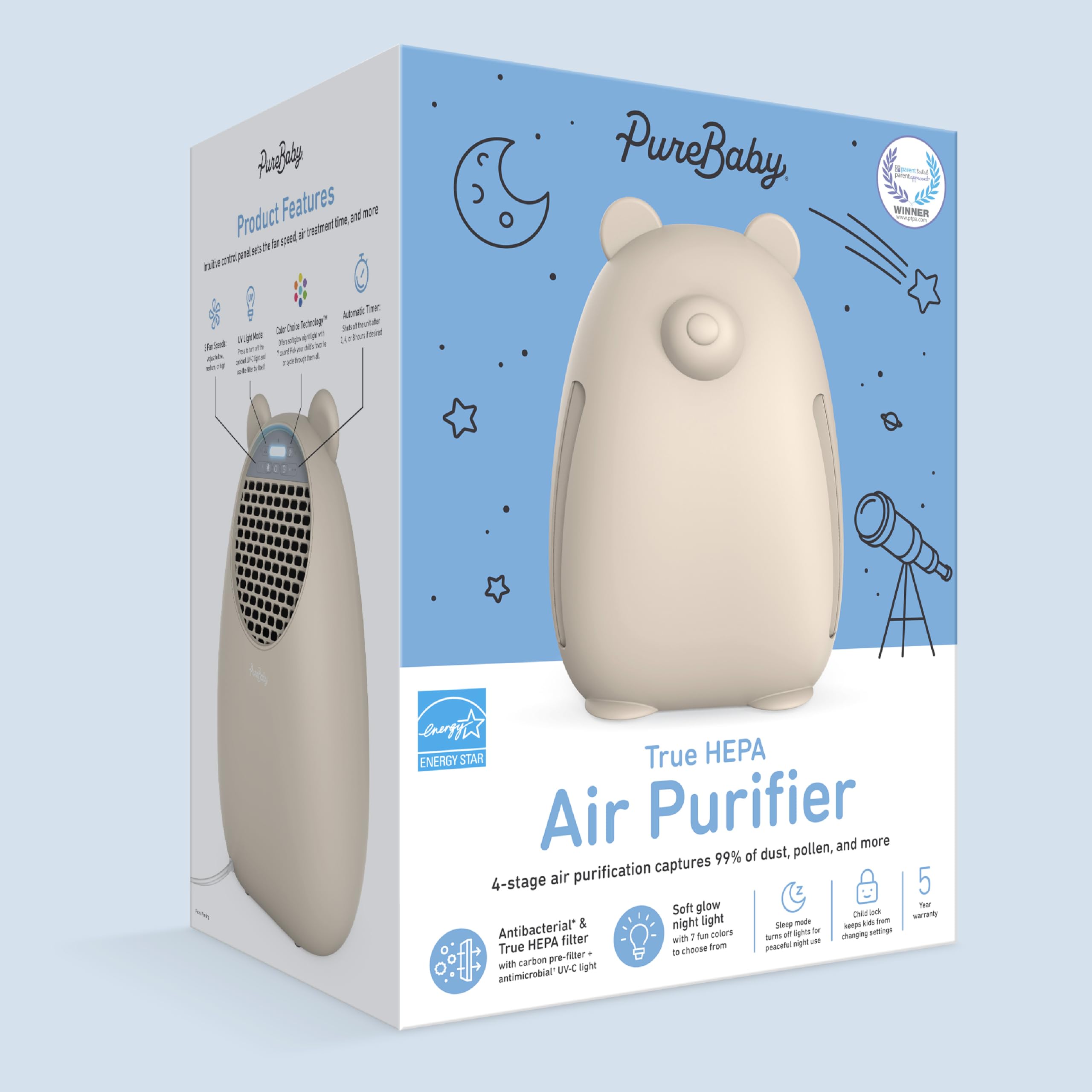 Pure Enrichment PureBaby Kids Bear HEPA Air Purifier with UV-C Light & Night Light - 4-Stage Filtration for Medium-Large Rooms - Energy Star Certified - Ideal for Baby Nurseries, Kids' Bedrooms & Allergy Relief (Sweet Oat)