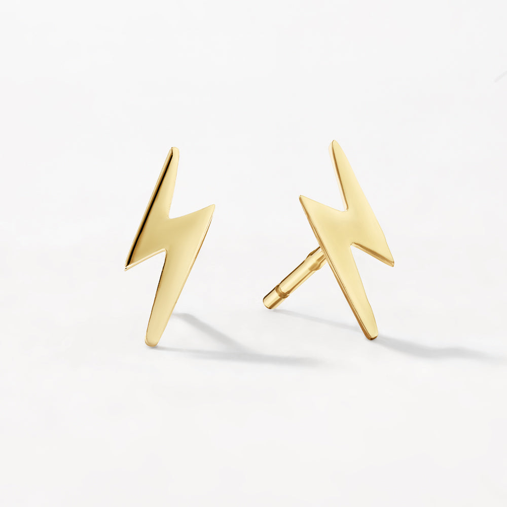 10k Gold Plain Lightning Stud Earrings - Minimalist & Dainty Jewelry for Everyday Wear, Gift for Her, Trendy Accessories for Women
