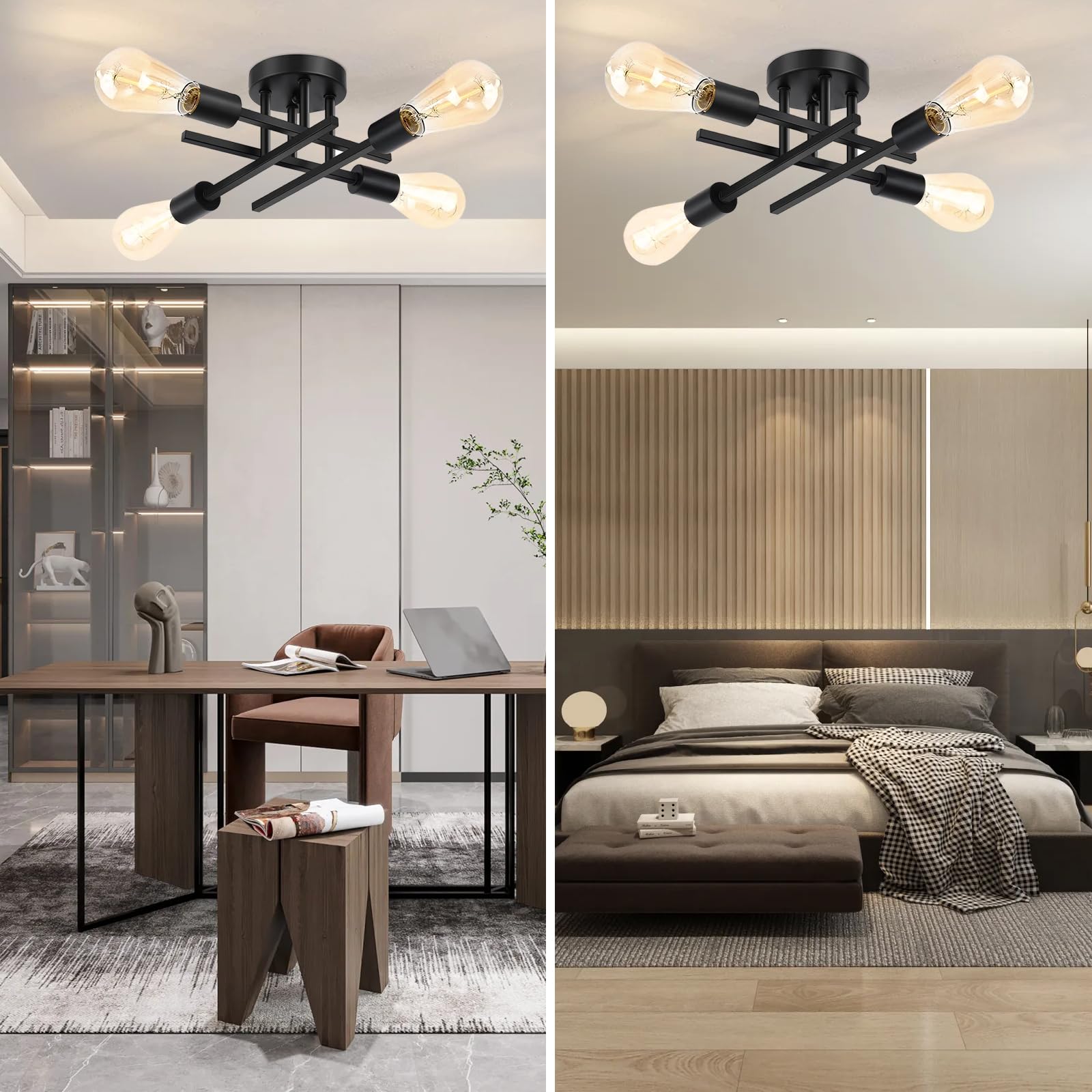 4-Light Modern Ceiling Light Fixture - Black Sputnik Chandelier with Stable Structure, Semi Flush Mount for Dining Room & Kitchen, E26 Base | Perfect for Modern Home Decor, Restaurant Lighting & Office Spaces