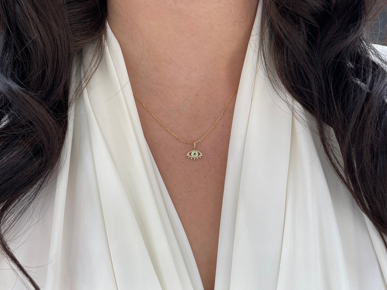 0.10 Carats Round Cut Genuine Emerald Evil Eye Pendant Necklace in 14K Solid Gold - Protection Jewelry for Women, Gift for Her, Spiritual & Fashion Accessory