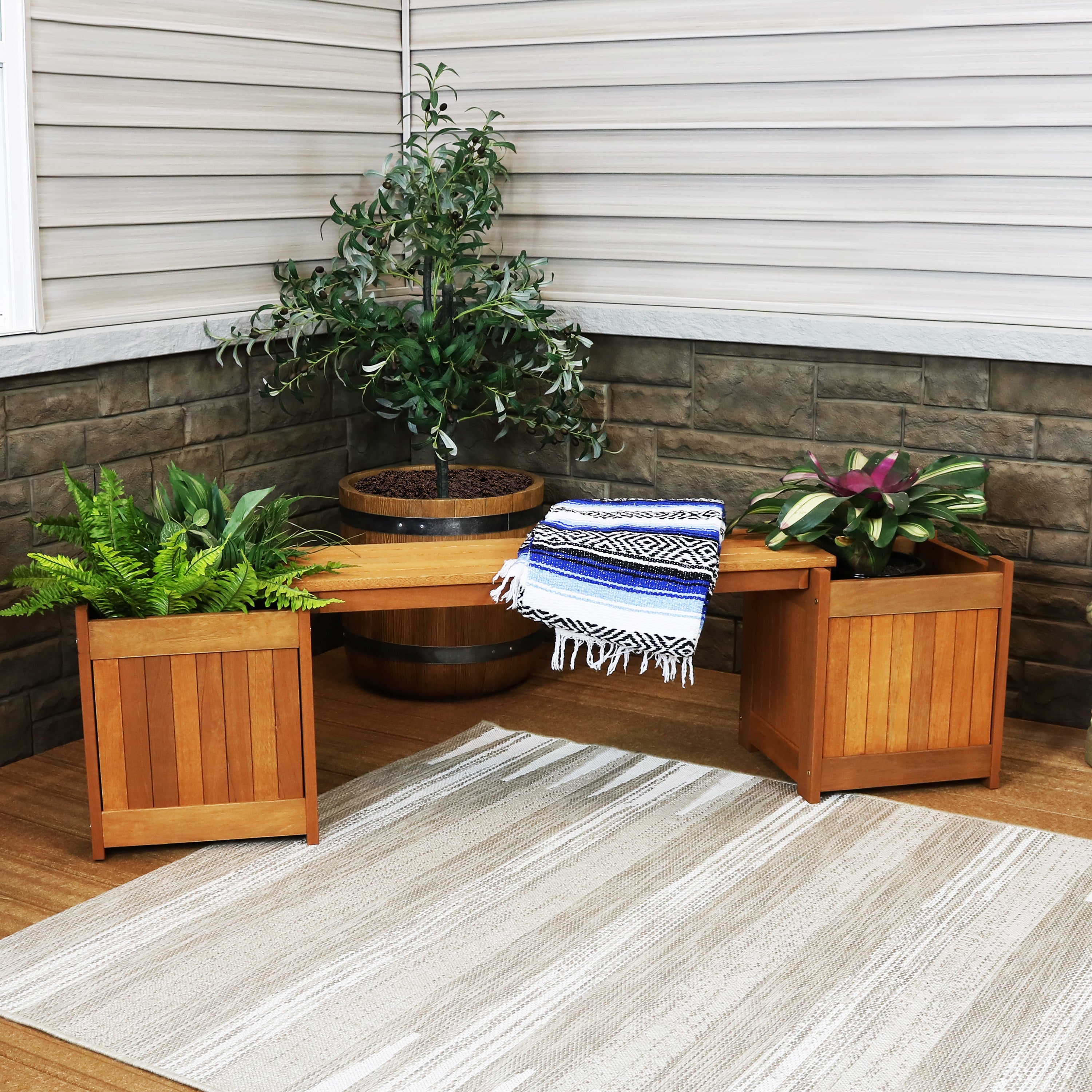 Sunnydaze Meranti Wood Outdoor Planter Box Bench with Teak Oil Finish - 68 Inch Garden Seating & Storage Solution for Patio, Deck, or Backyard