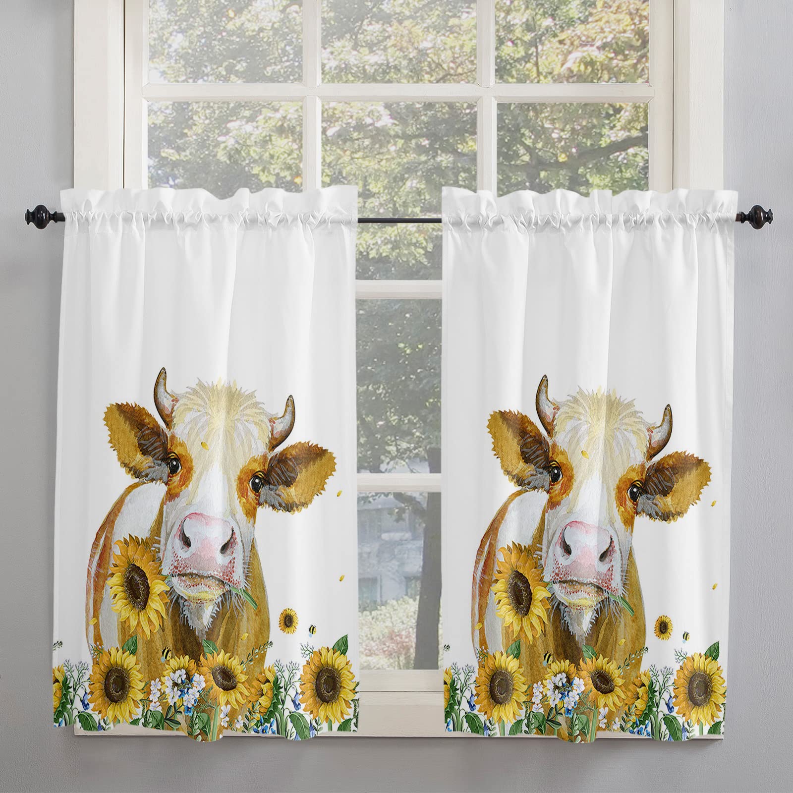 Farmhouse Animal Cow & Sunflower Kitchen Curtains - 54 Inch Length, White Short Cafe Tier Drapes with Rod Pocket - Set of 2 Panels (84x54 Inches) - Perfect for Farmhouse, Country Kitchen & Spring Home Decor