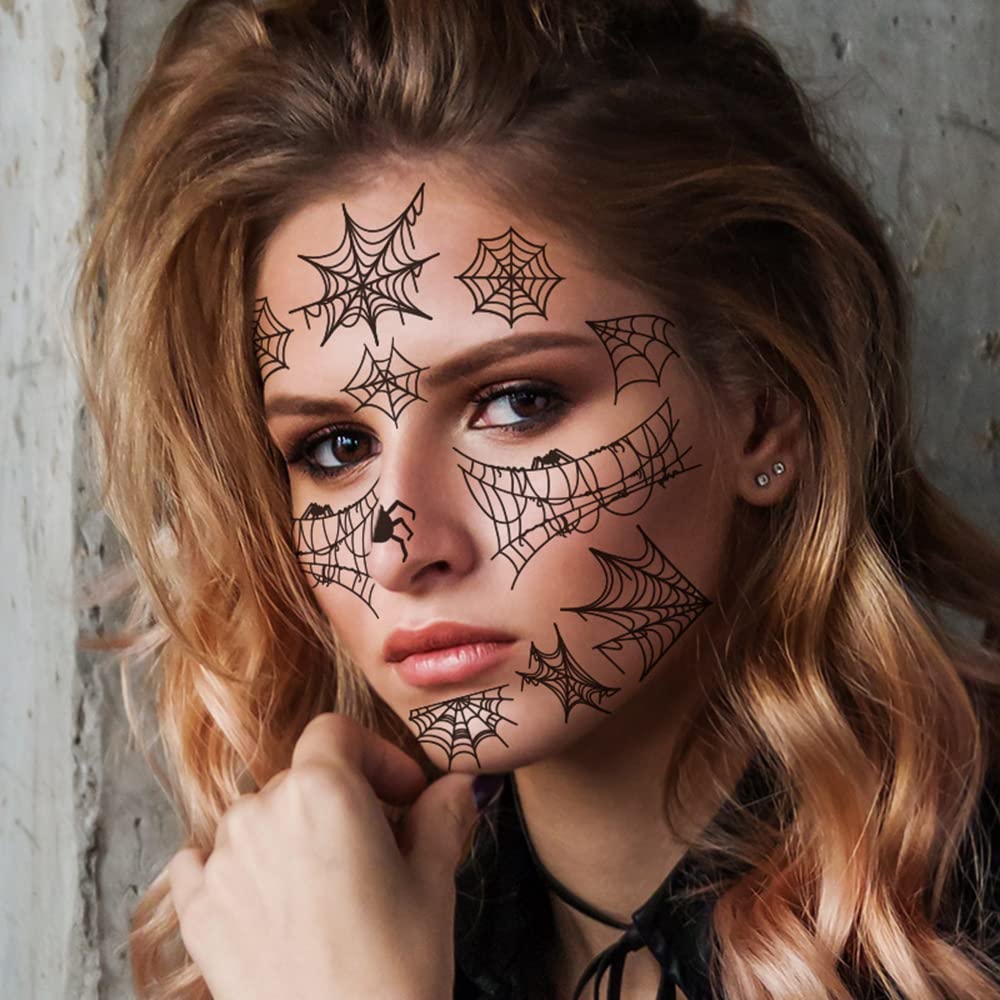 Halloween Temporary Tattoos - S.A.V.I Bats & Spider Web Face & Body Stickers for Eye Decoration | Scary Cobweb Tattoo Designs for Face Makeup | Perfect for Men, Women, Girls & Boys (12.5x17cm) | Great for Halloween Parties, Costume Contests & Spooky Photo Shoots