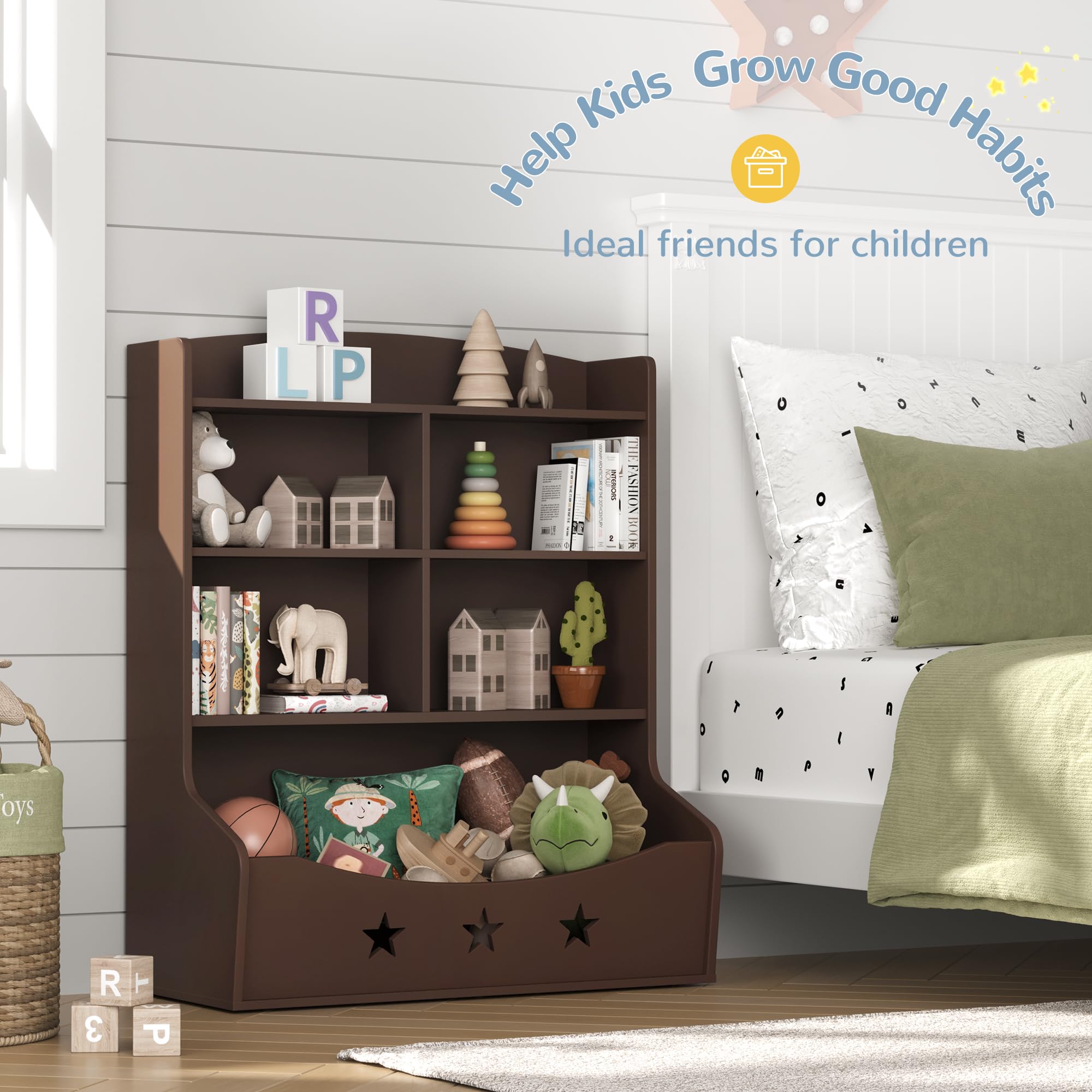 Wooden Kids Bookshelf - 3.5 Tier Bookcase with 5 Cube Storage Units & Star Pattern Design | Nursery, Bedroom, Playroom Organizer for Toys & Books | Durable Toy Storage Cabinet for Children's Rooms (Brown)